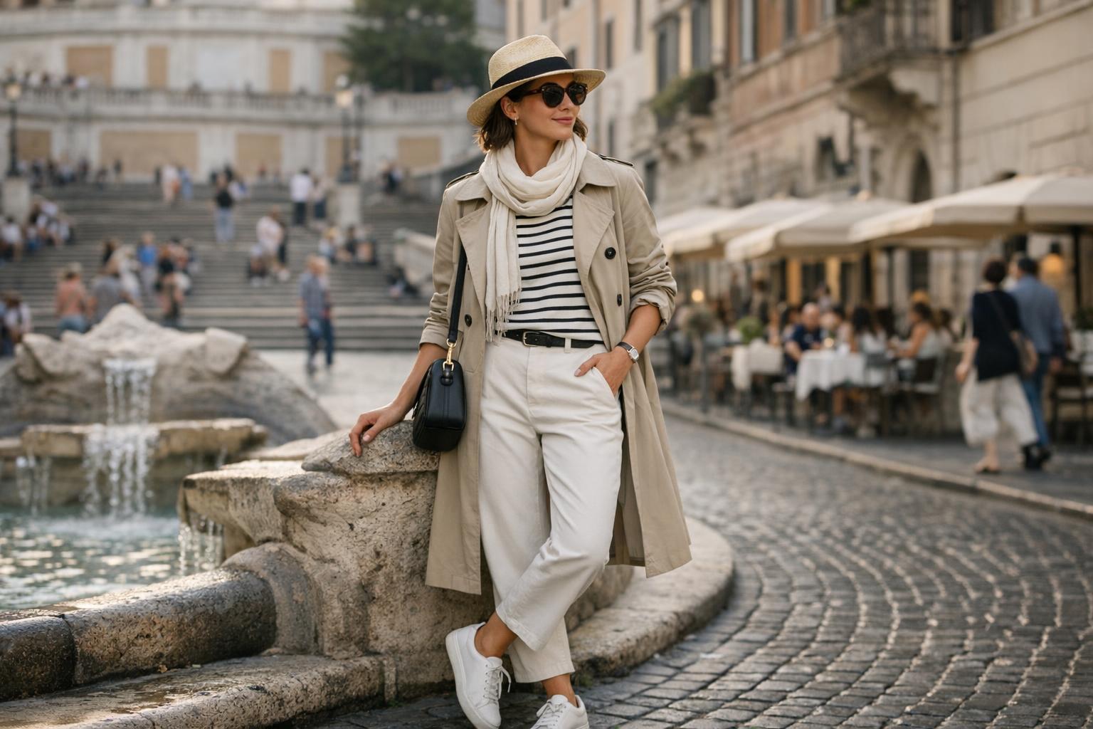 Rome outfits spring look with trench coat, striped dress, and sneakers on a cobblestone street near a Roman piazza