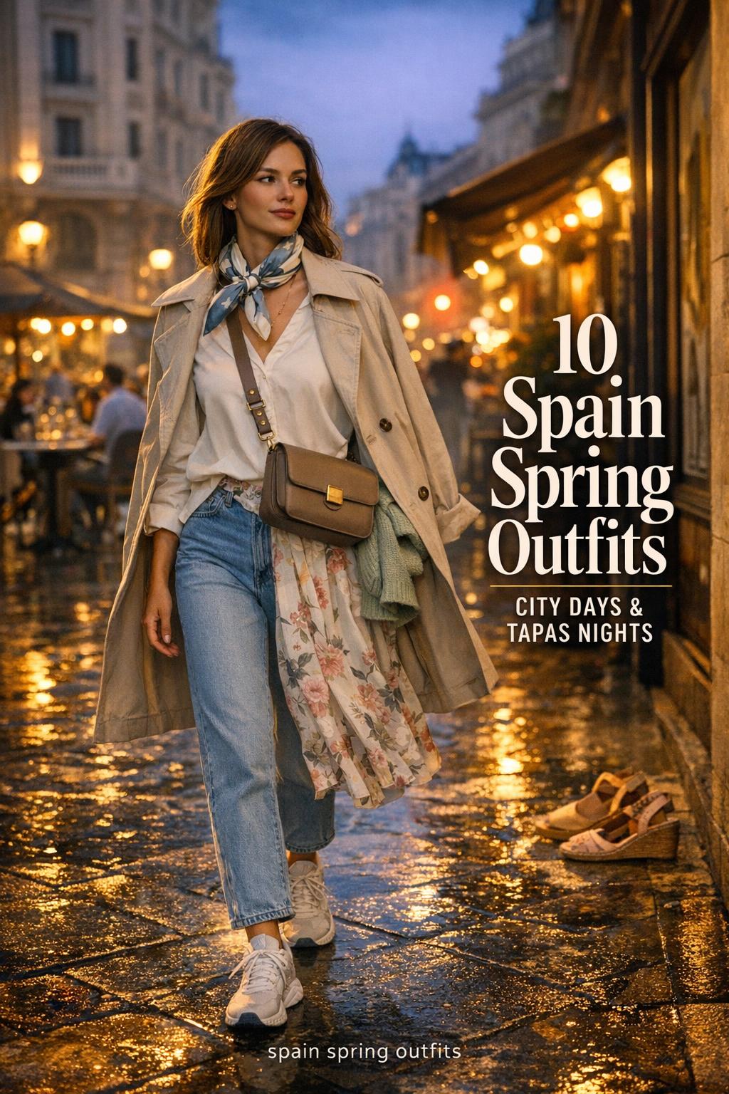 spain spring outfits on a stylish traveler walking a wet Spanish city street at golden hour with trench, scarf and sneakers