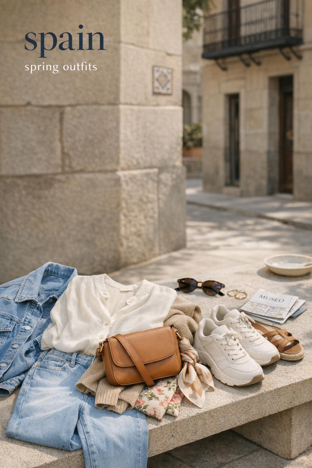 Spain spring outfits on a sunlit Spanish street with chic capsule look, tan crossbody bag, denim, ivory blouse and sneakers