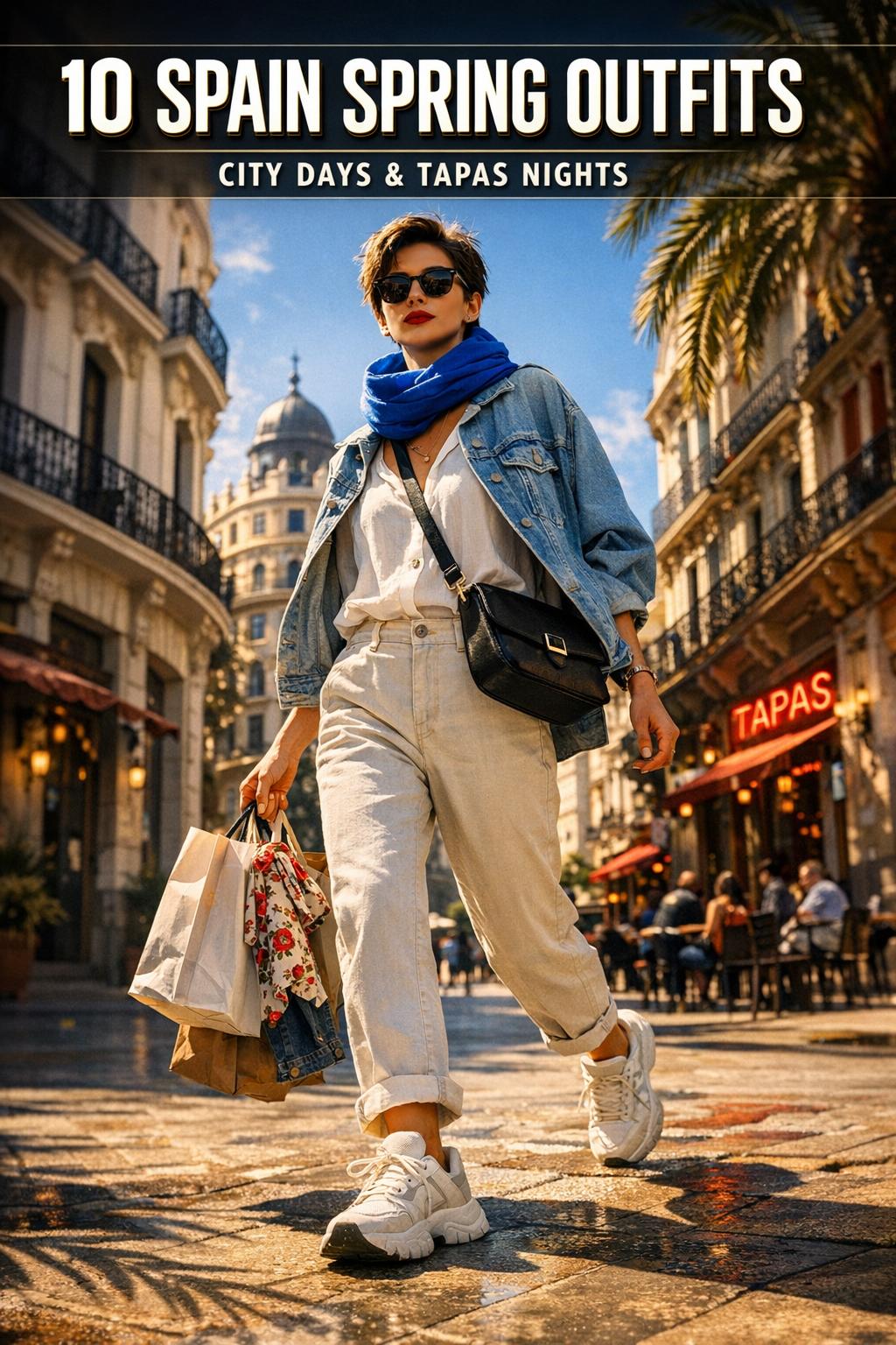 Spain spring outfits featuring a stylish traveler in a light jacket and dress on a sunny Spanish street