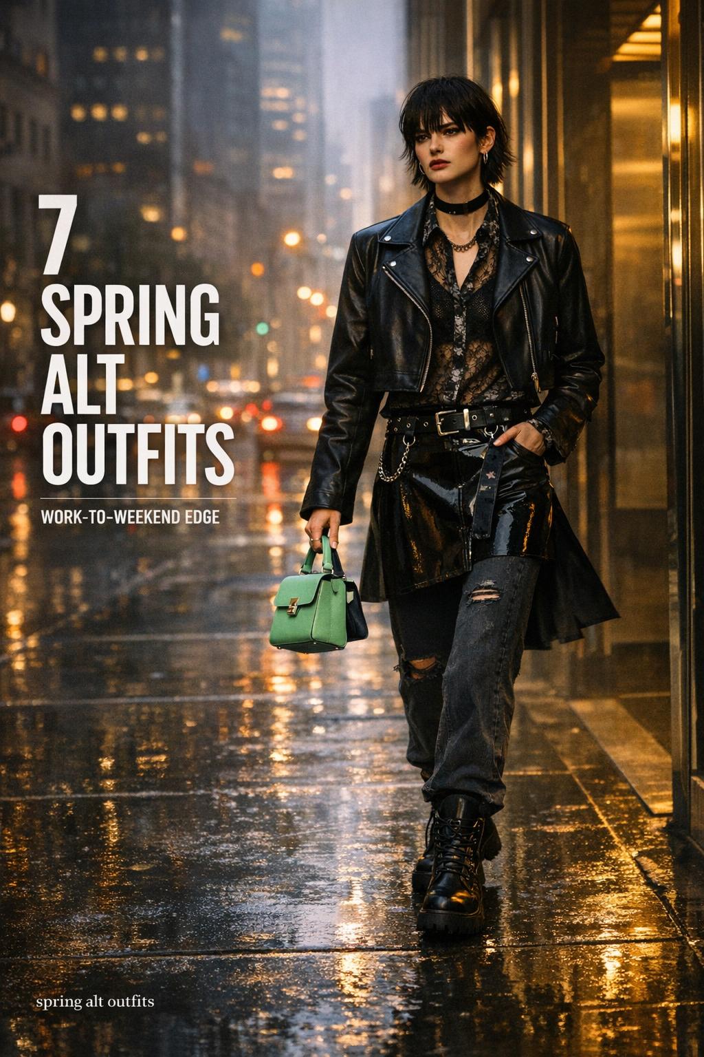 Spring alt outfits street style: androgynous model in black leather jacket walking on a rain-slick city sidewalk at golden hour