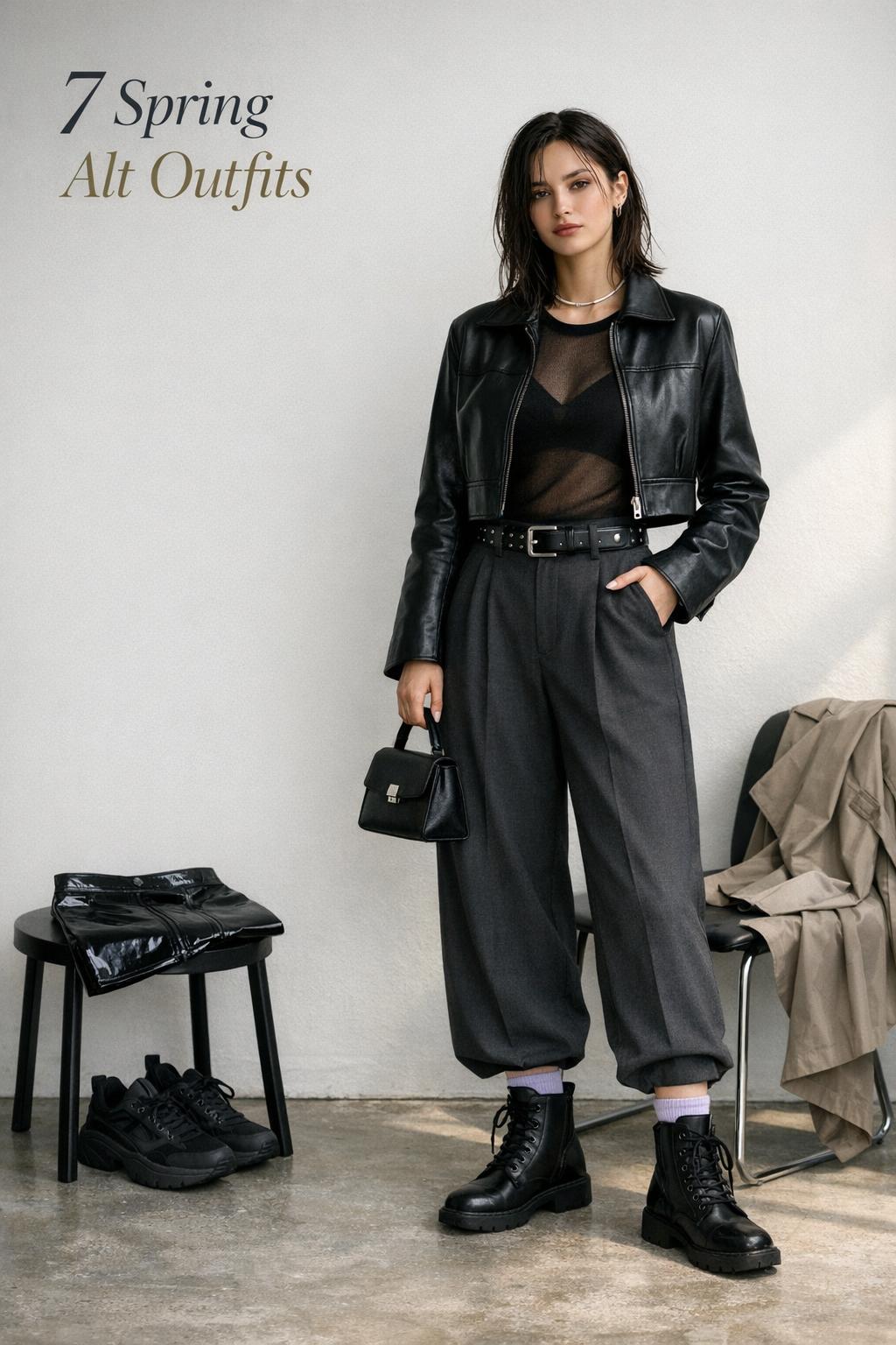 Spring alt outfits editorial photo of model in black leather jacket, mesh top and charcoal wide-leg trousers in minimalist studio