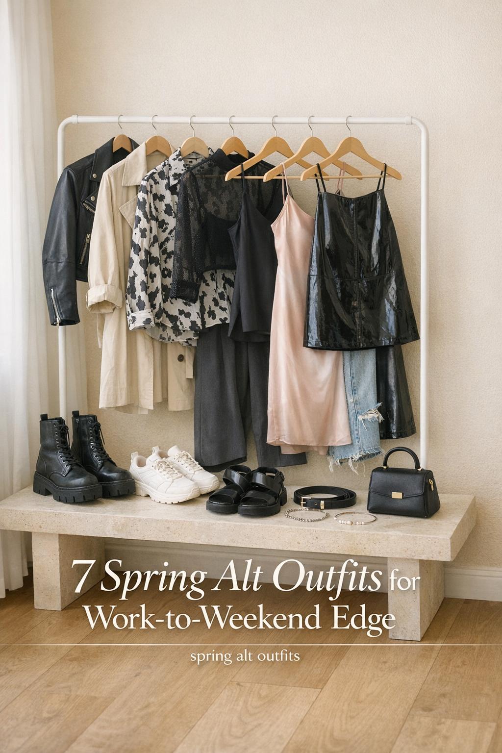 Spring alt outfits capsule on a minimalist clothing rack with boots, sneakers and accessories in soft window light