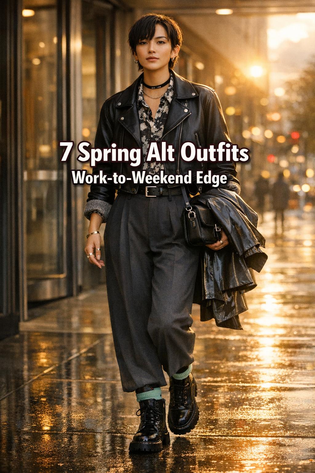 spring alt outfits street style look with leather jacket, wide-leg trousers, and pastel accent on wet city sidewalk