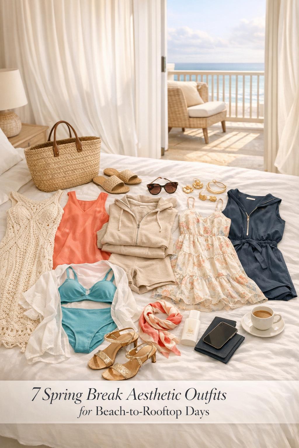 Spring break aesthetic outfits flat lay on a white bed in a sunlit coastal hotel room with resort accessories and ocean view