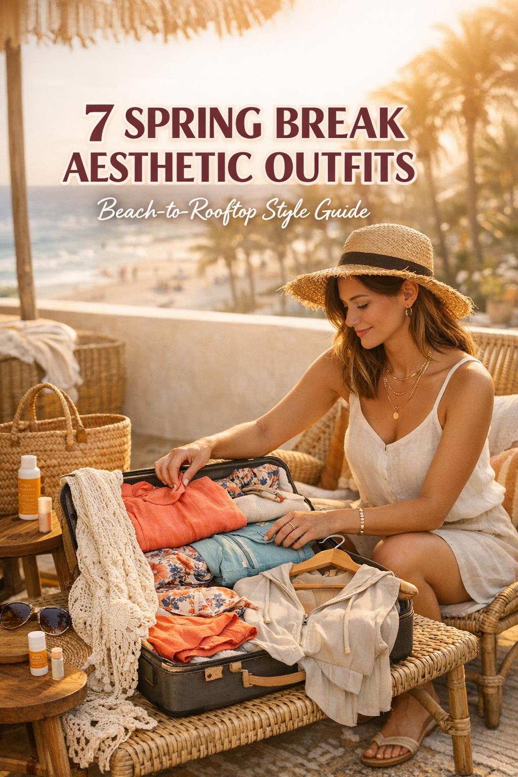Spring break aesthetic outfits displayed in a cozy golden-hour resort terrace packing scene with stylish woman and suitcase