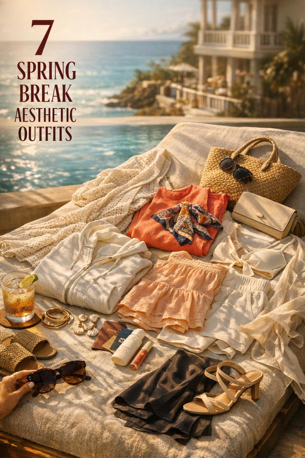 Spring break aesthetic outfits flat lay on linen cabana lounger by pool, with ocean bokeh and golden-hour light