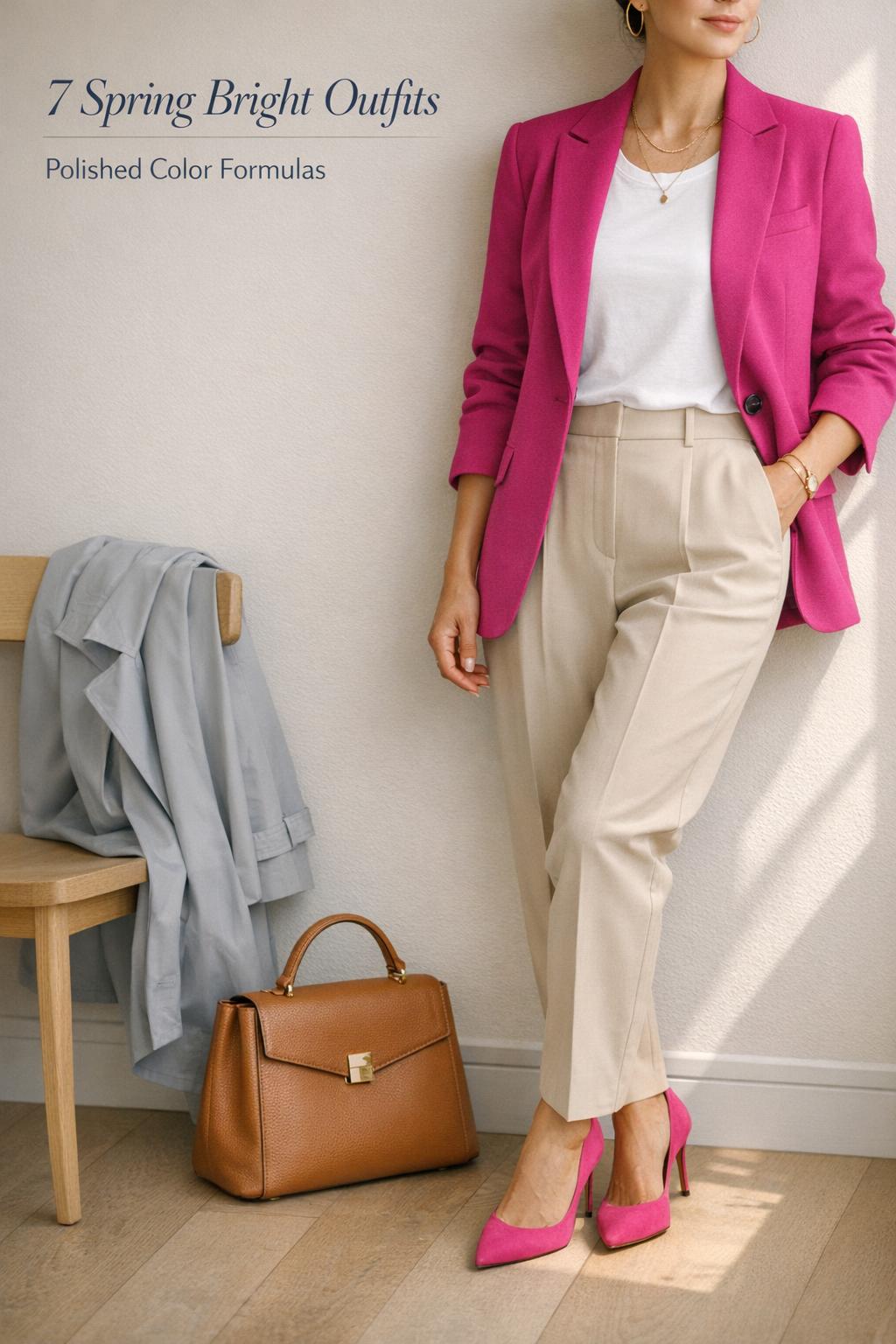 Spring bright outfits with cobalt blazer, white tee, beige trousers, tan handbag, and gray trench in a minimalist entryway