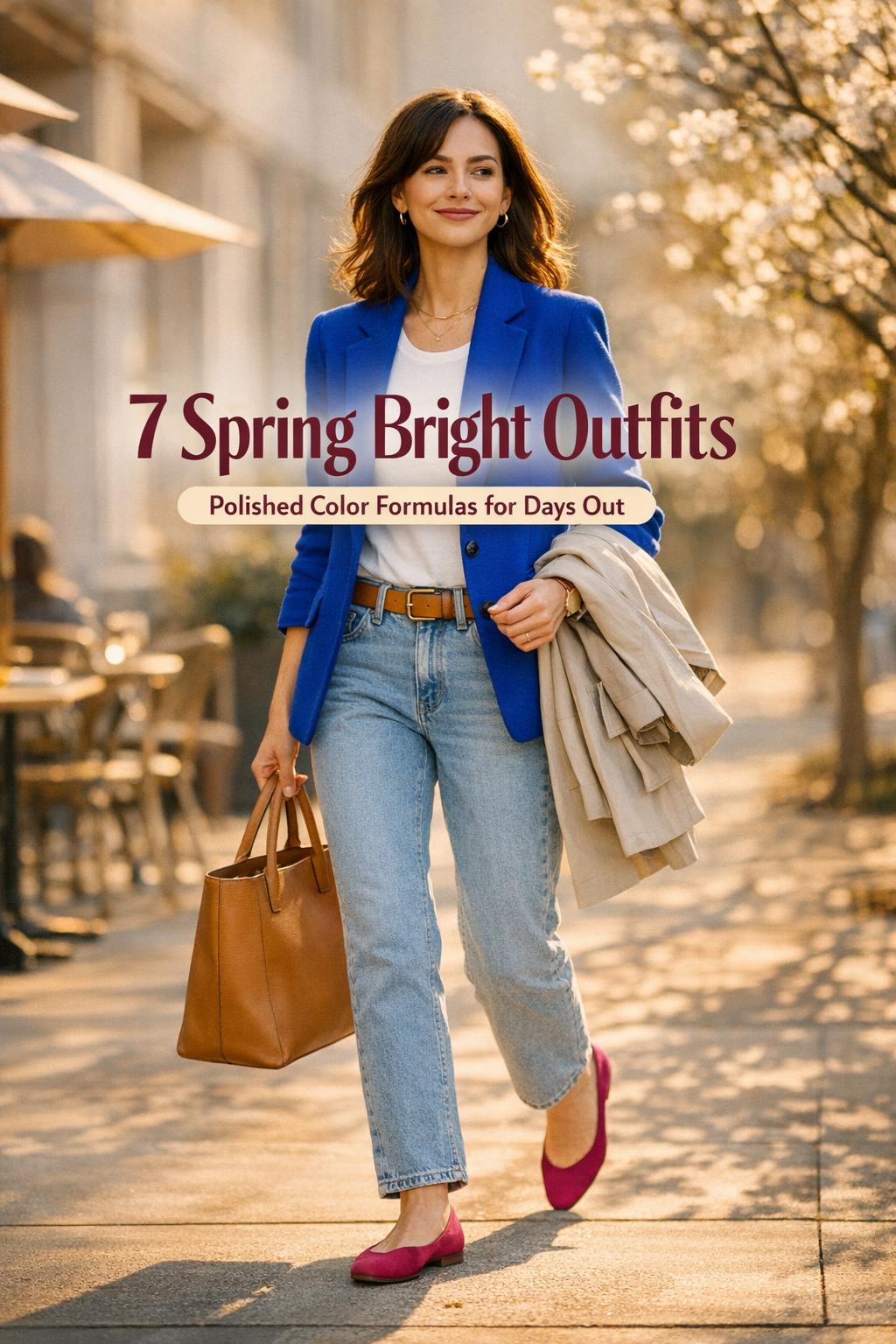Spring bright outfits Pinterest cover with woman in cobalt blazer, jeans, and tan tote walking in warm city sunlight
