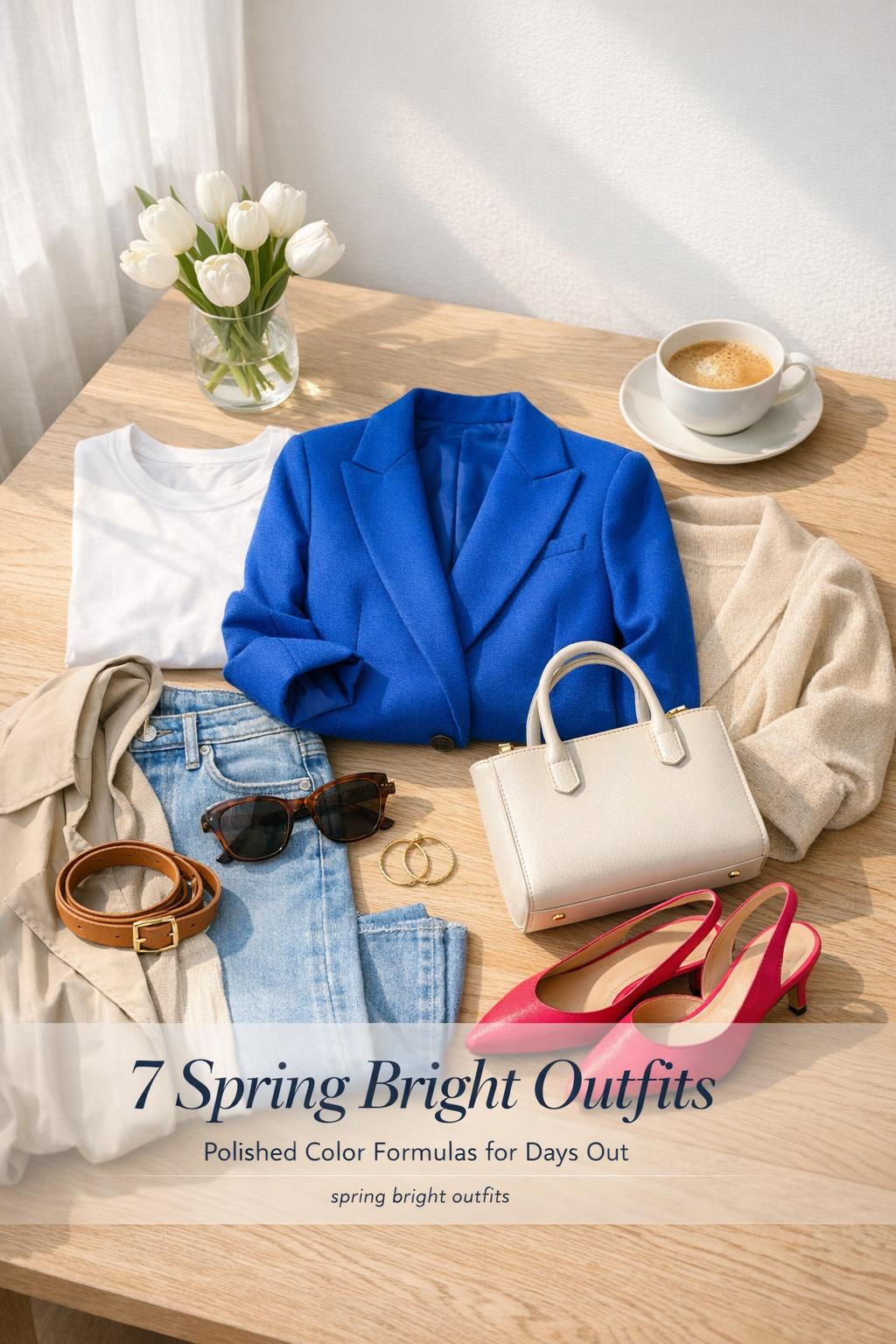Spring bright outfits flat lay with cobalt blazer, cream tote, denim, tulips, and coffee on a sunlit white oak table