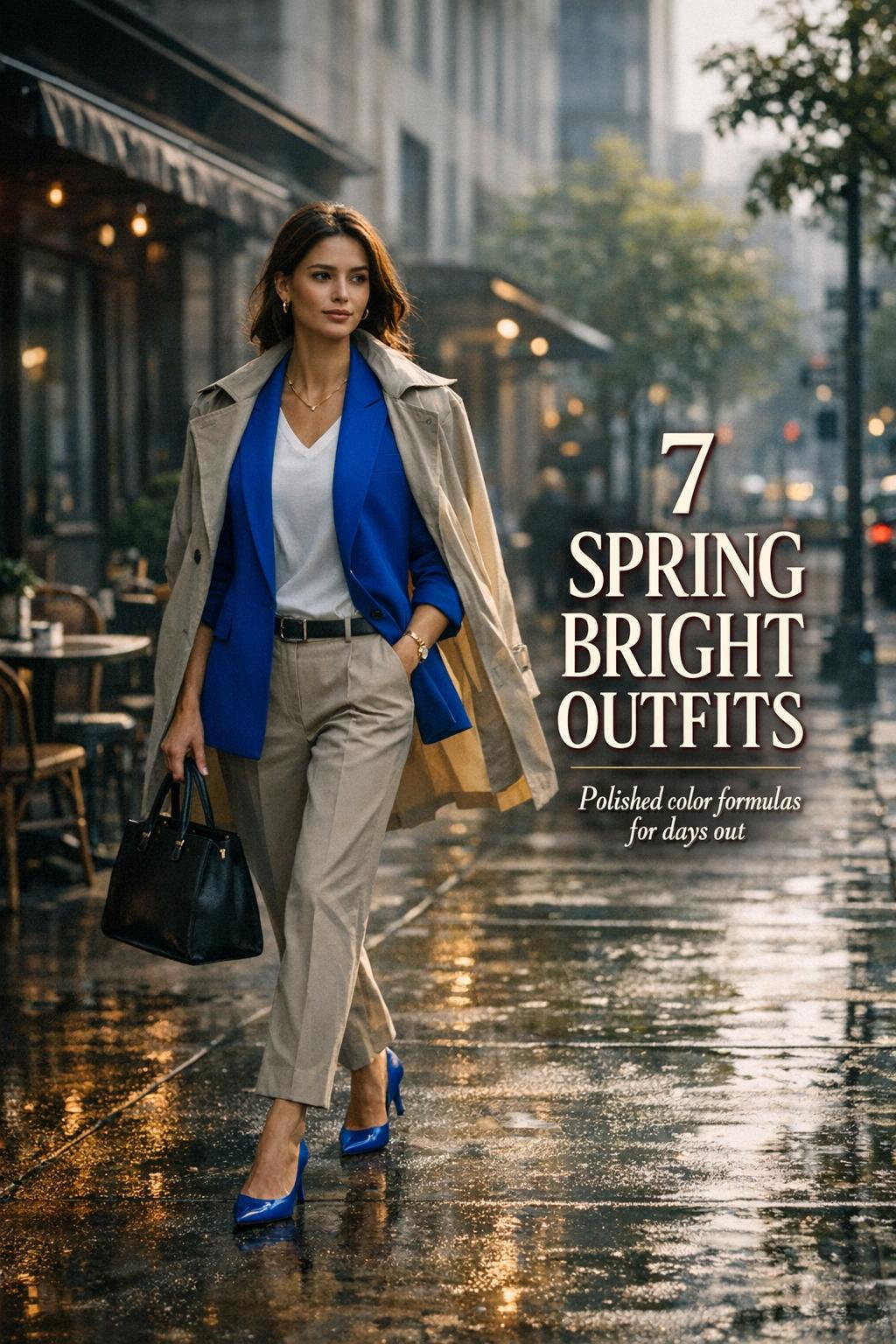 Spring bright outfits: stylish woman in cobalt blazer walking past a moody morning sidewalk café on wet city pavement