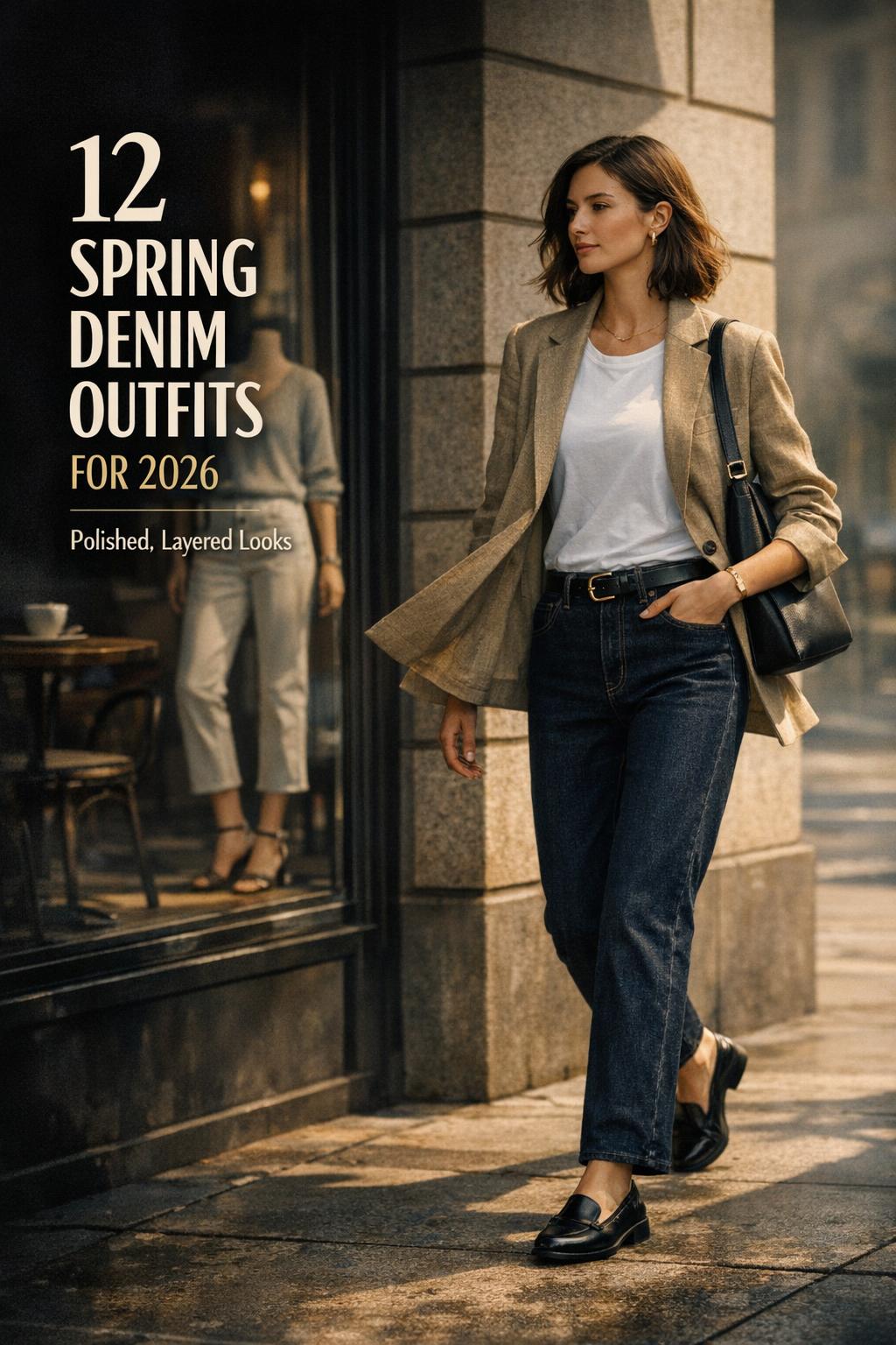 Spring denim outfits on a stylish woman in indigo jeans and linen blazer walking a modern city street with cinematic light