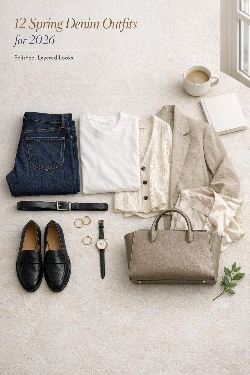 Spring denim outfits flat lay with indigo jeans, blazer, cardigan, loafers, and taupe bag in a bright apartment entryway