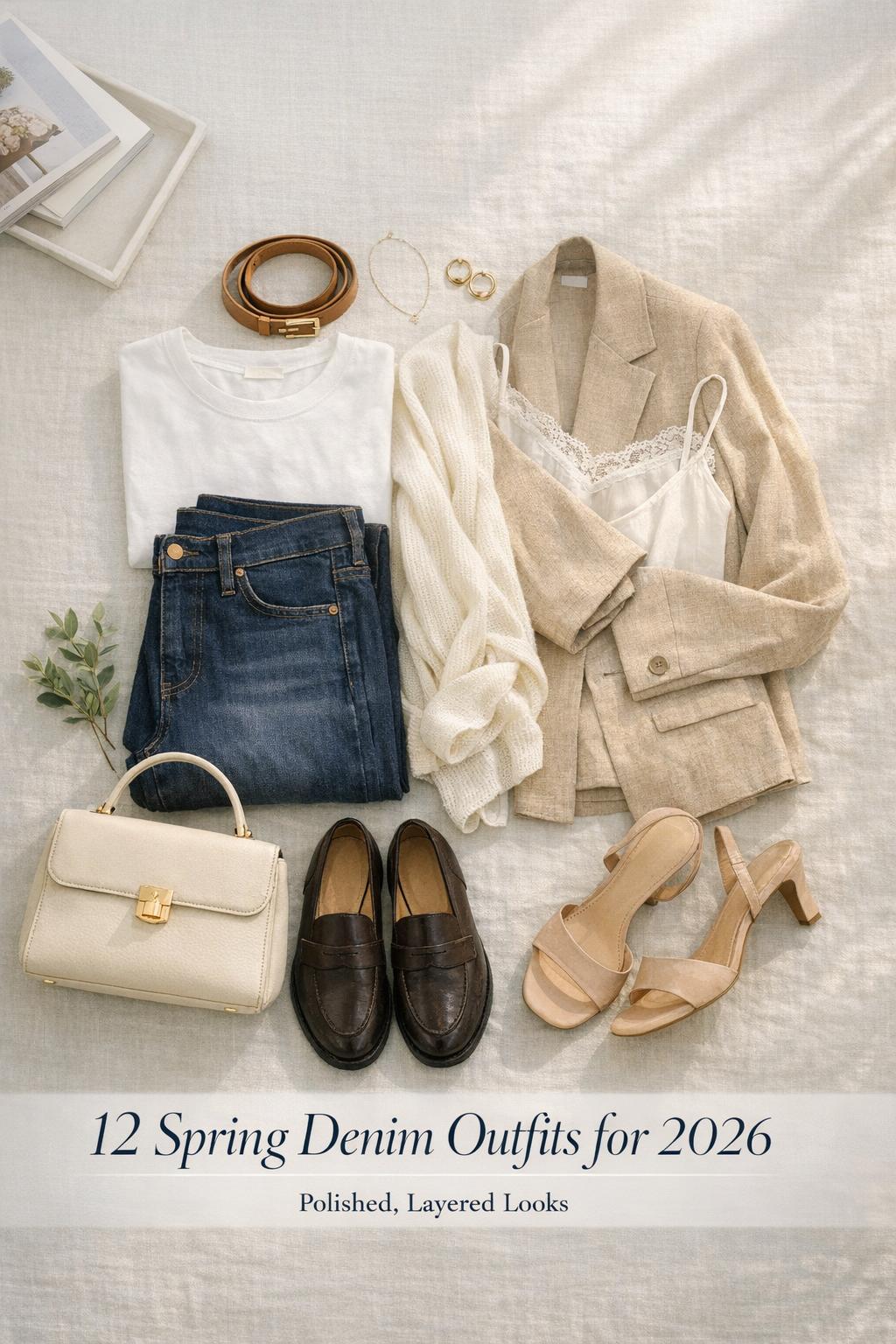 Spring denim outfits flat lay with indigo jeans, ivory layers, neutral accessories, and greenery in bright apartment light