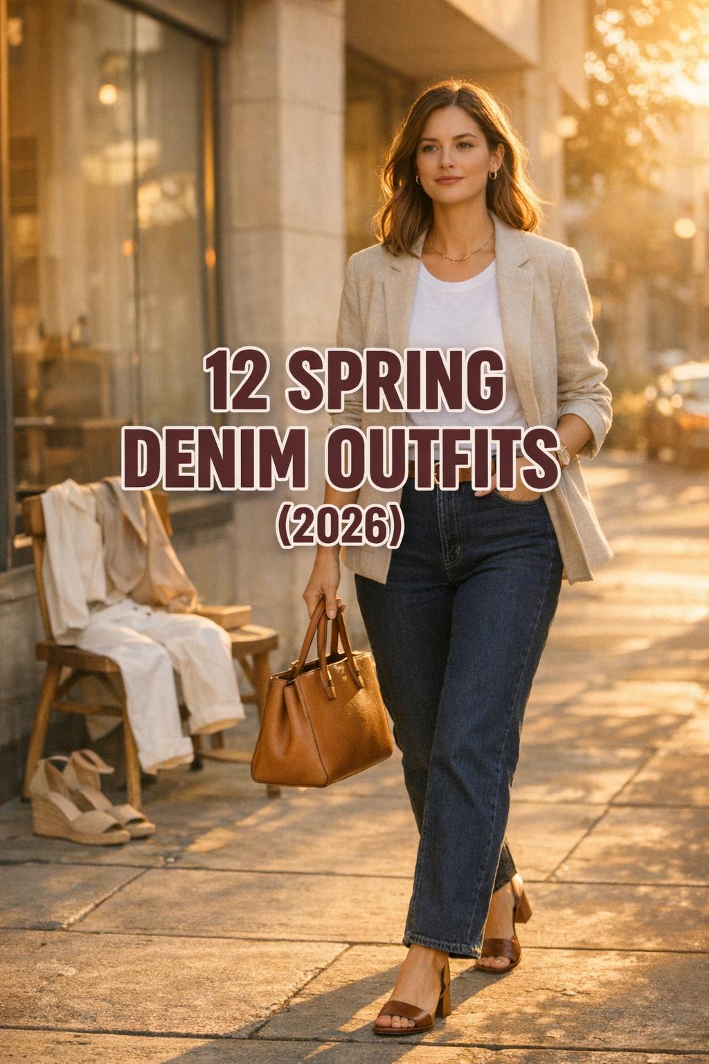 Spring denim outfits on a stylish woman walking past a modern cafe at golden hour with “12 SPRING DENIM OUTFITS (2026)” text