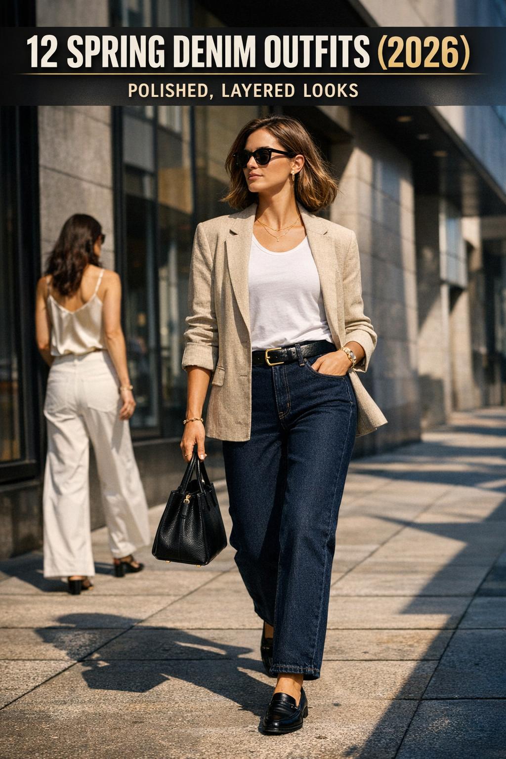 Woman in spring denim outfits walking outdoors in light wash jeans and a denim jacket