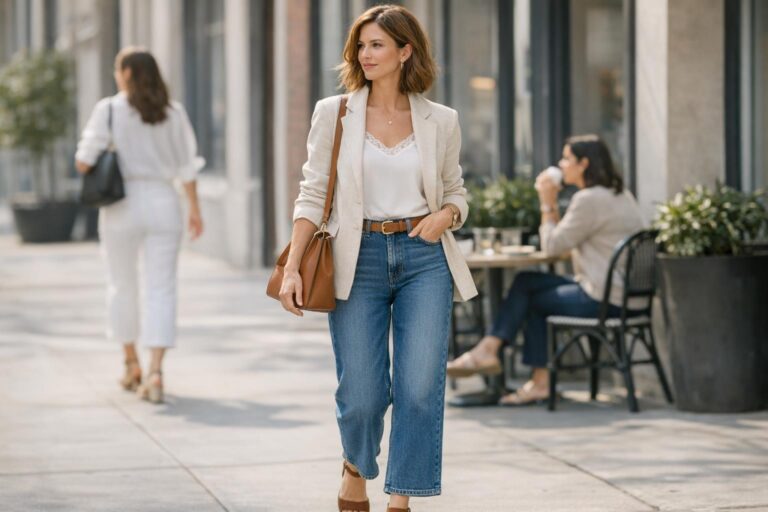 Spring denim outfits with wide-leg jeans, silk blouse, and linen blazer styled with loafers for a polished 2026 look