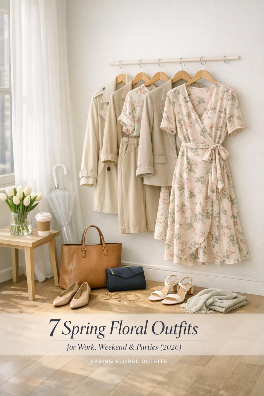 Spring floral outfits display in a bright city apartment entryway with floral dress, trench, shoes, tote, and tulips