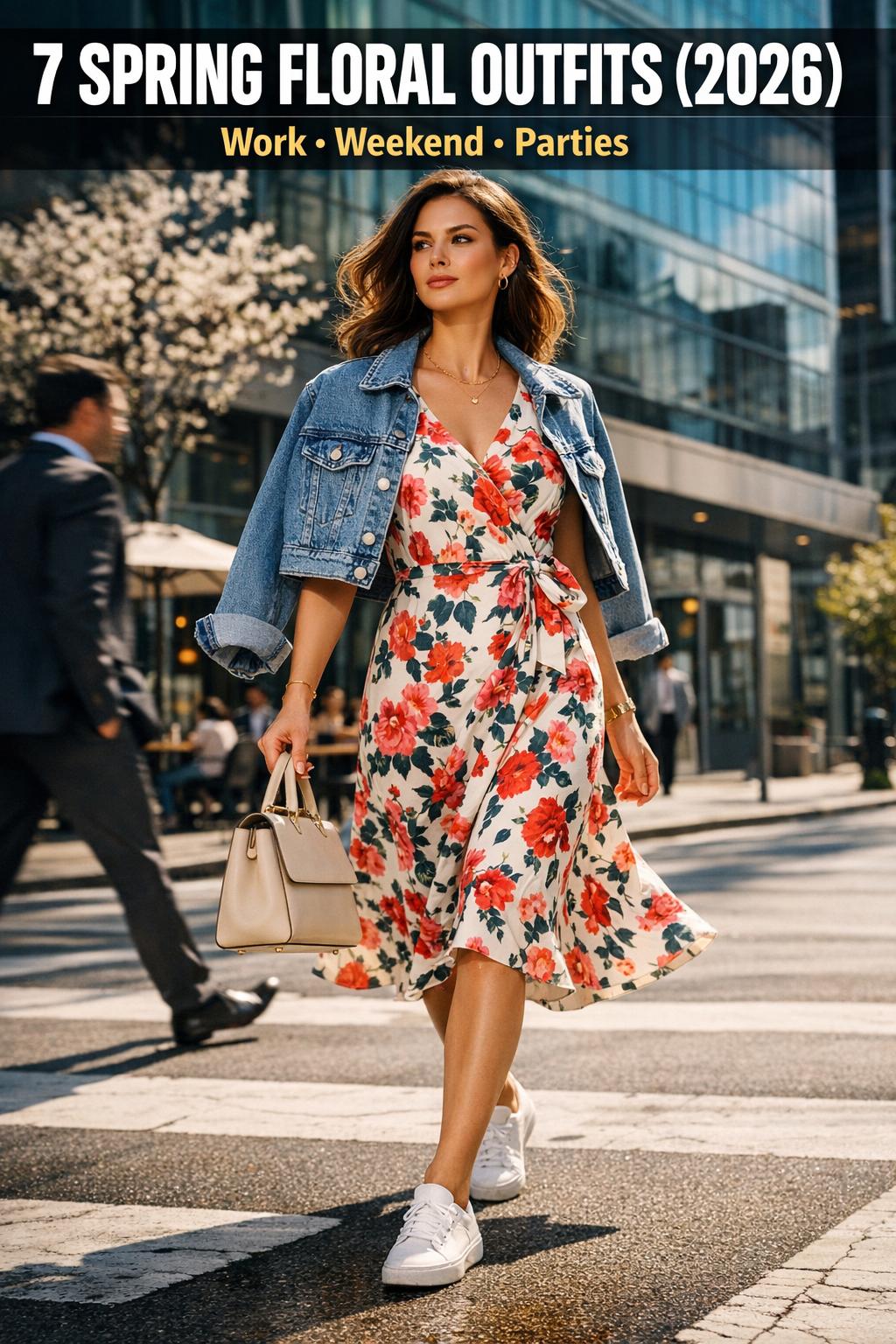 Spring floral outfits styled on a woman in a sunlit garden, featuring a flowy floral dress and light cardigan