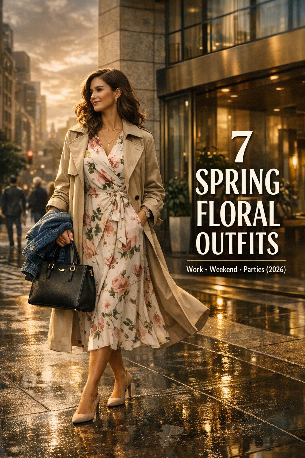 Spring floral outfits cover image of a stylish woman in a floral wrap dress and trench on a rainy city street at golden hour