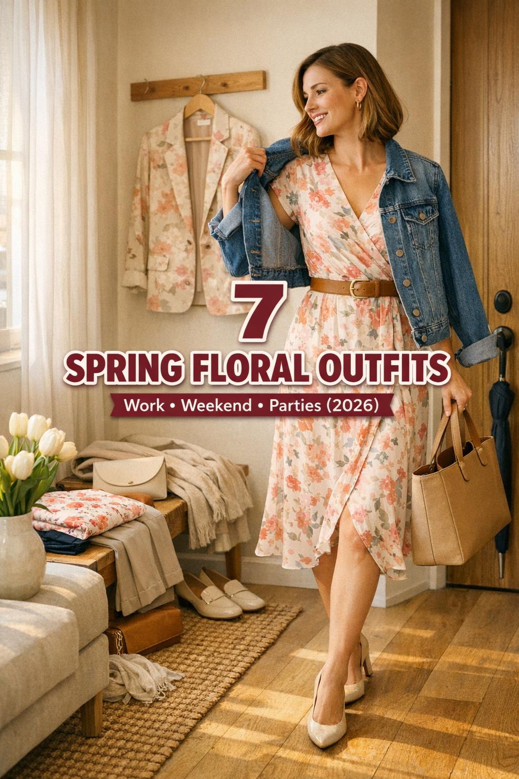 Spring floral outfits idea: woman in wrap midi dress and denim jacket in a sunlit modern apartment entryway