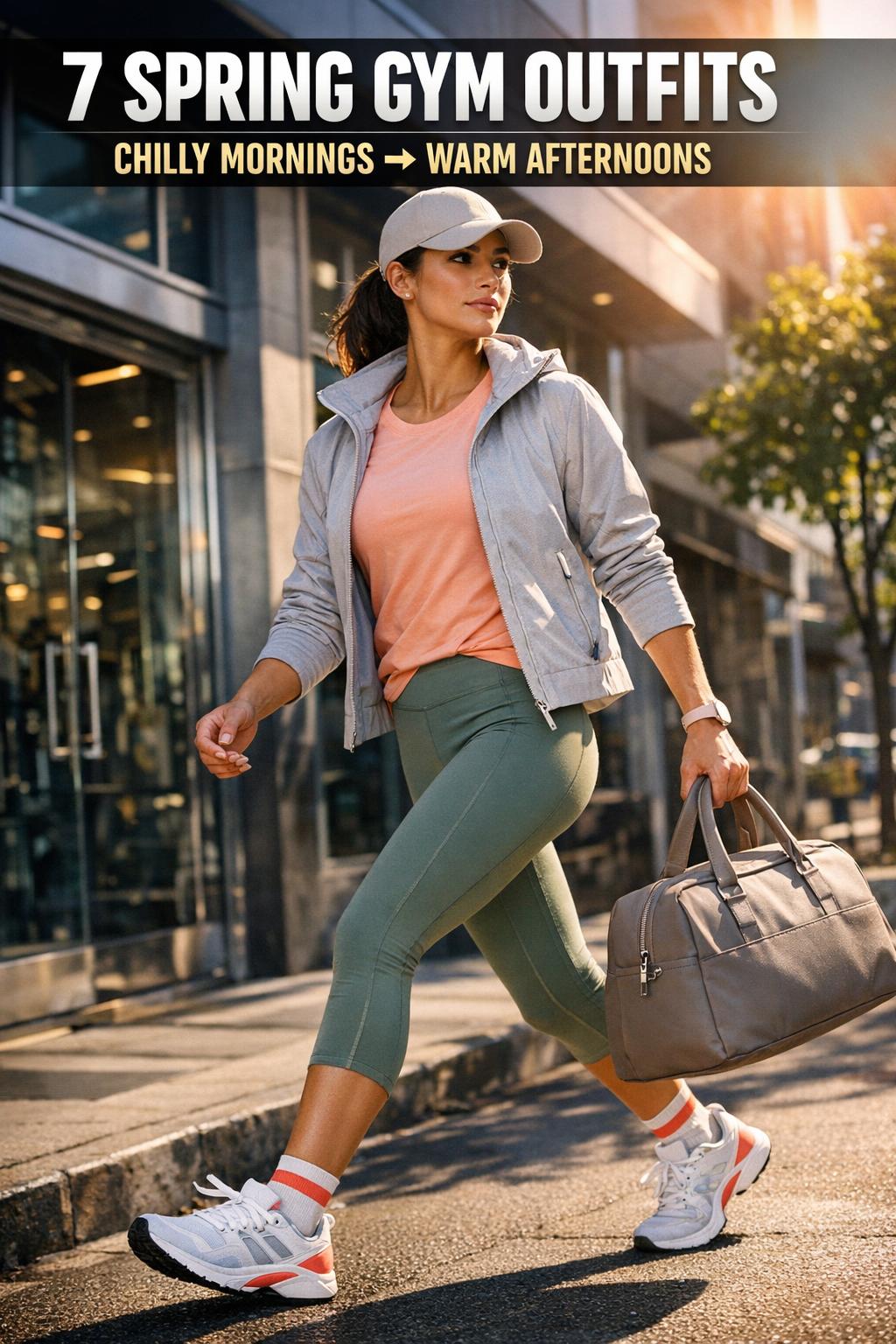 Spring gym outfits in a bright fitness studio, featuring lightweight layers and pastel activewear ready for training.