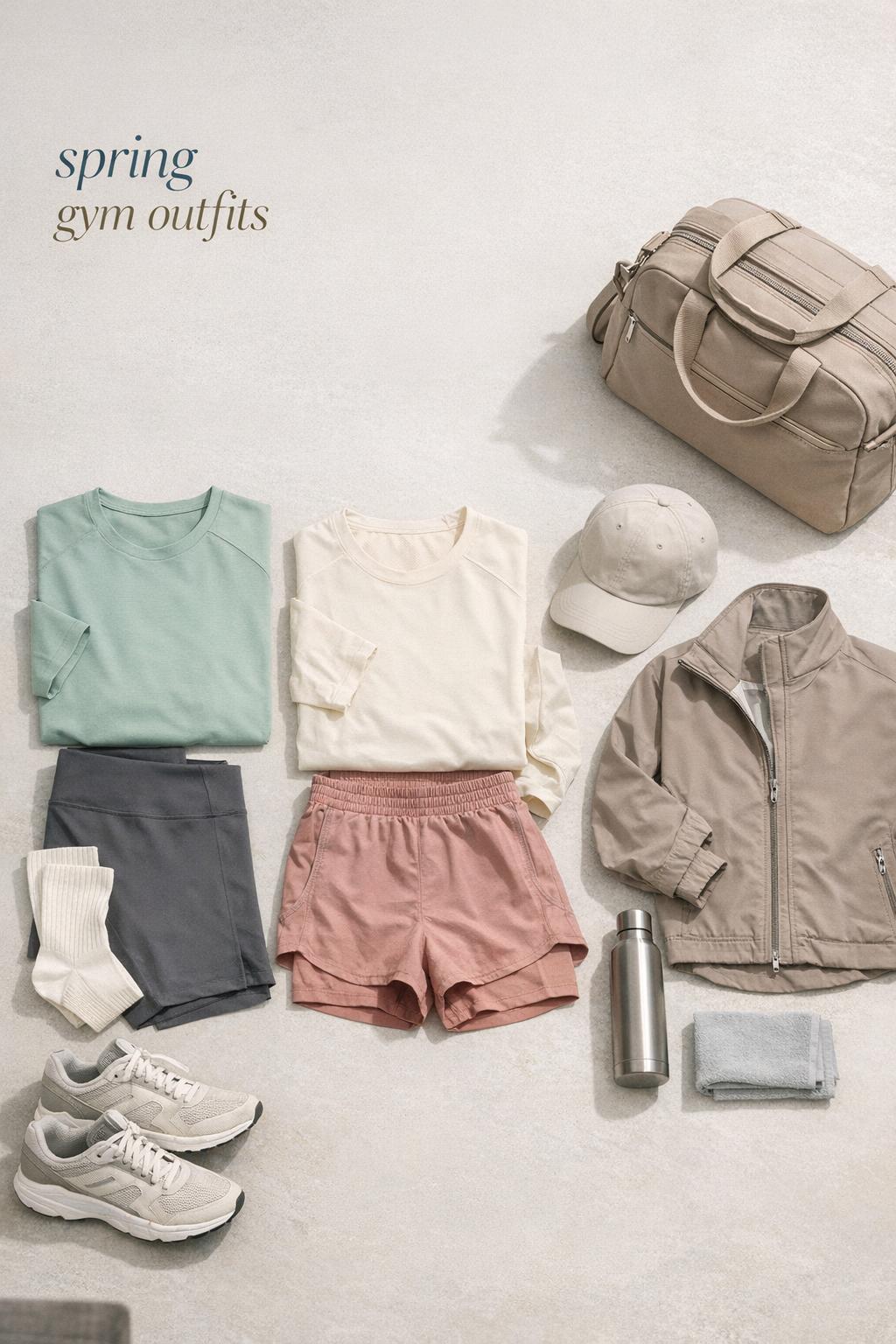 Spring gym outfits flat lay capsule with pastel activewear, sneakers, gym bag and water bottle on neutral stone background