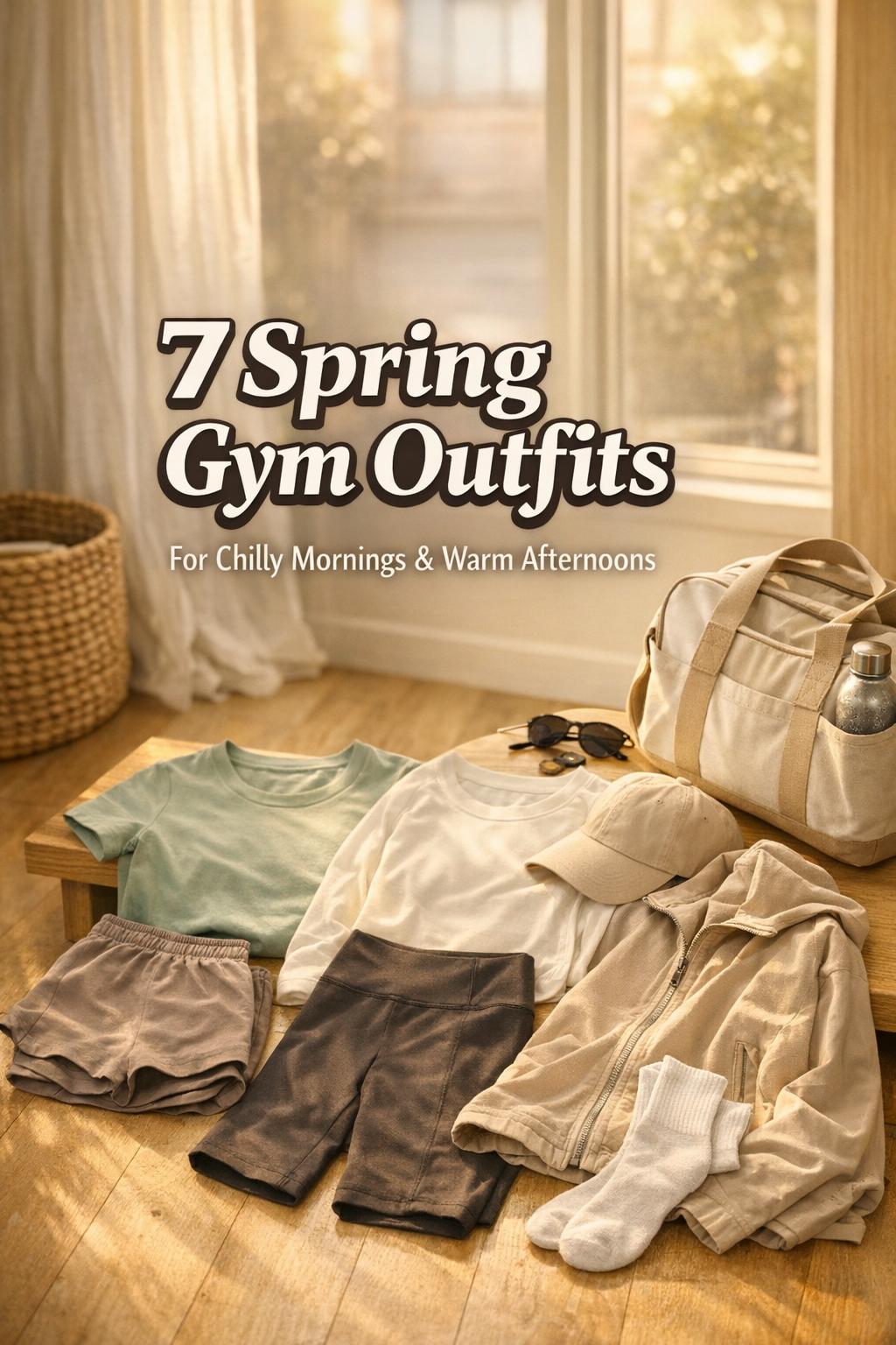 Spring gym outfits capsule laid out in a sunny apartment entryway with warm golden-hour light and text overlay