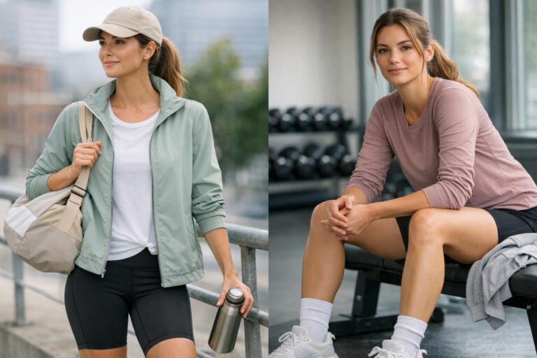 Spring gym outfits flat lay with pastel tee, 7/8 leggings, light zip-up jacket, cap, and trainers for layered workouts