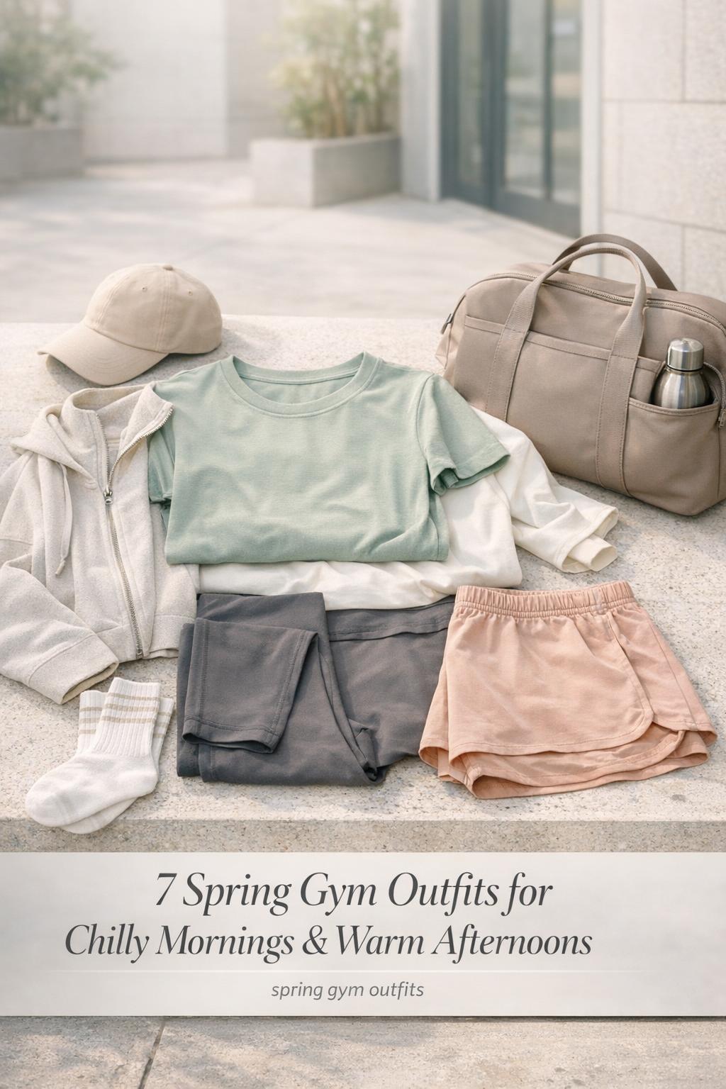 Spring gym outfits flat lay on a stone bench outside a modern gym in soft morning light with pastel athleisure pieces
