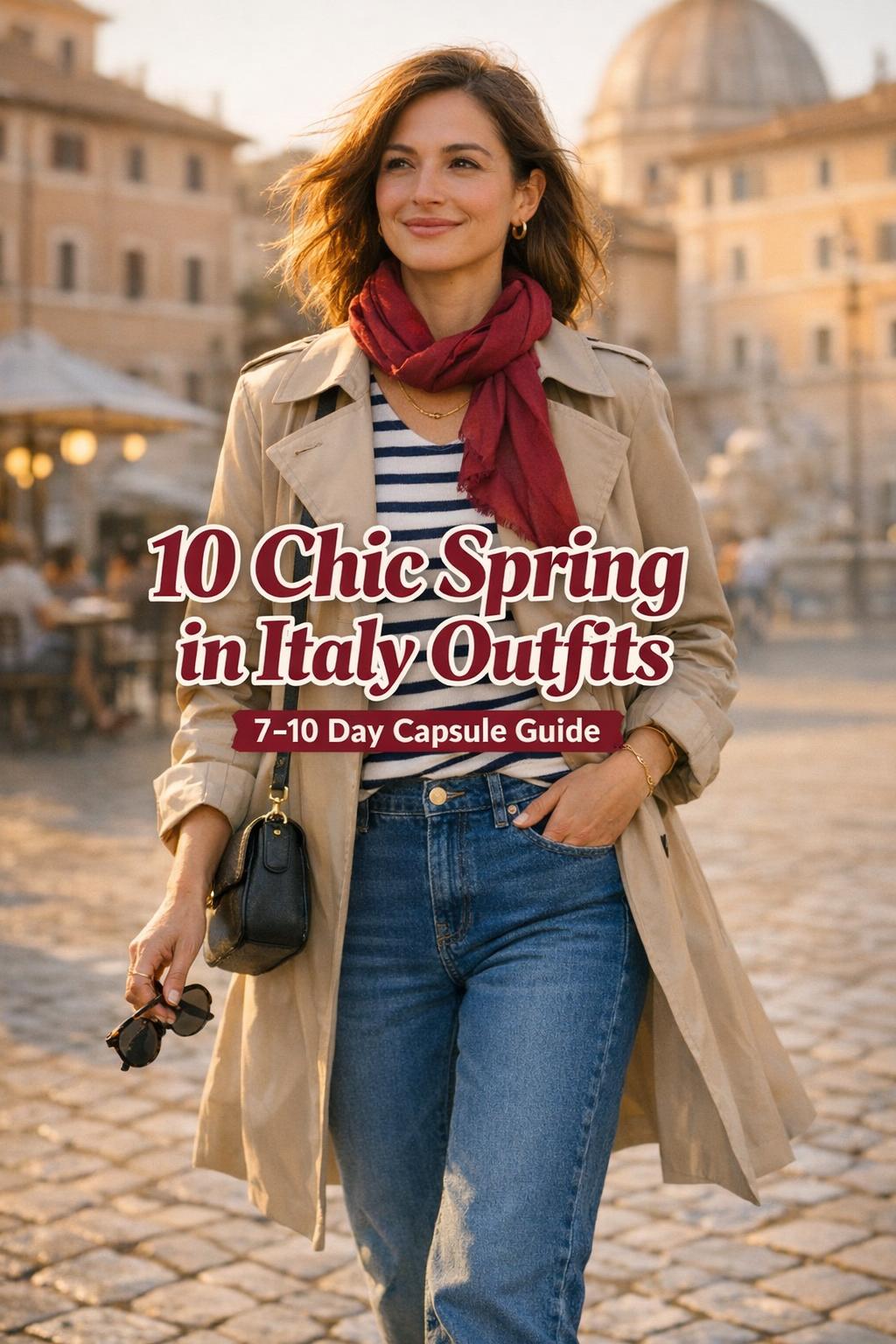Spring in Italy outfits on a chic traveler walking in a sunlit Rome piazza at golden hour with trench coat and stripes