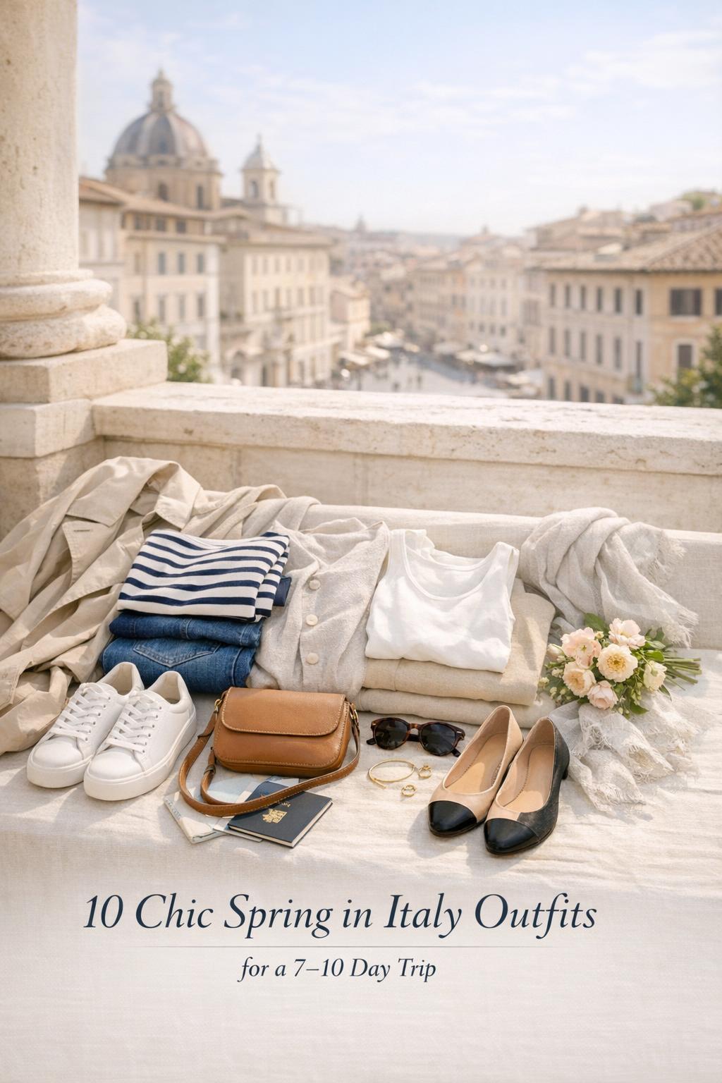 Spring in Italy outfits laid out on a linen table on an Italian hotel balcony with soft morning light and piazza view