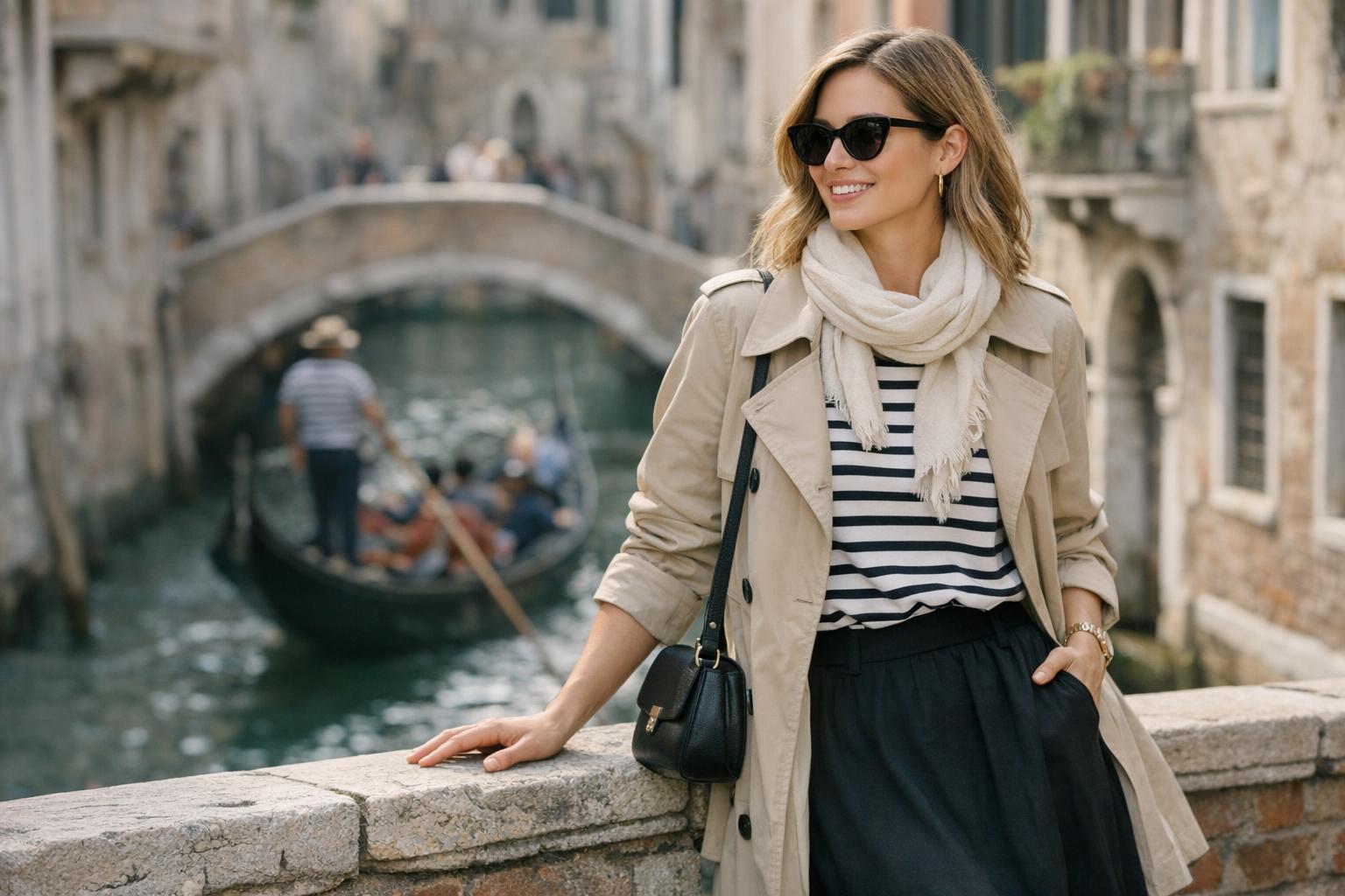 Spring in Italy outfits with a trench coat, striped top, midi skirt and sneakers on a cobblestone street in Rome