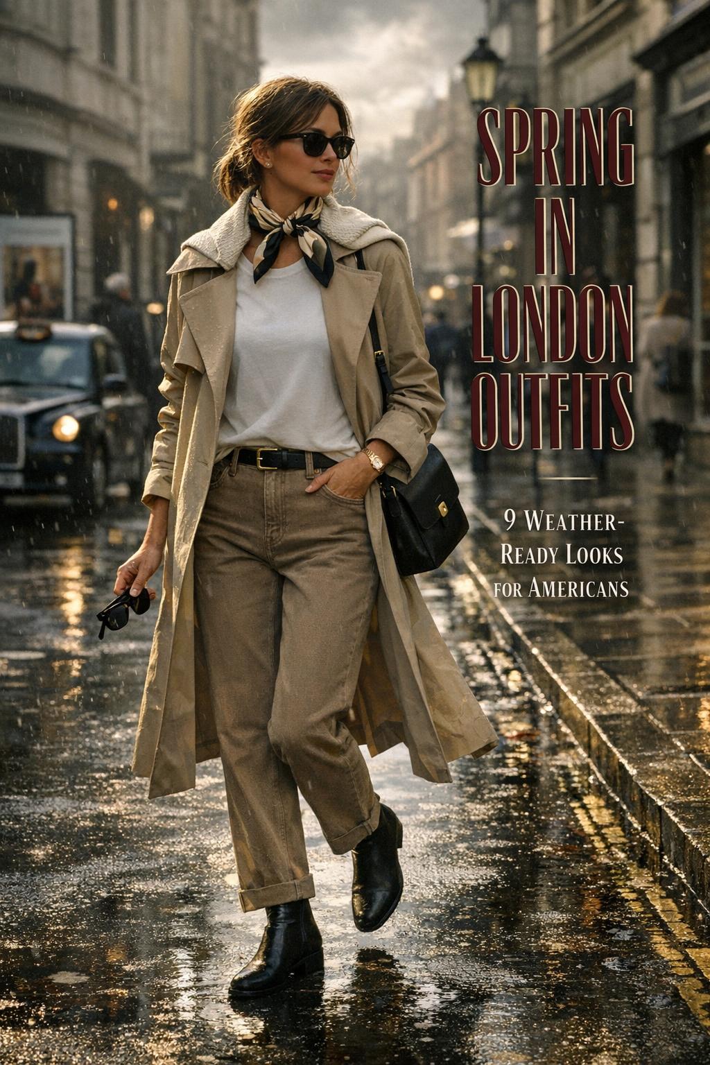 Spring in London outfits street style: American woman in beige trench on a wet Mayfair street with cinematic drizzle-to-sun light