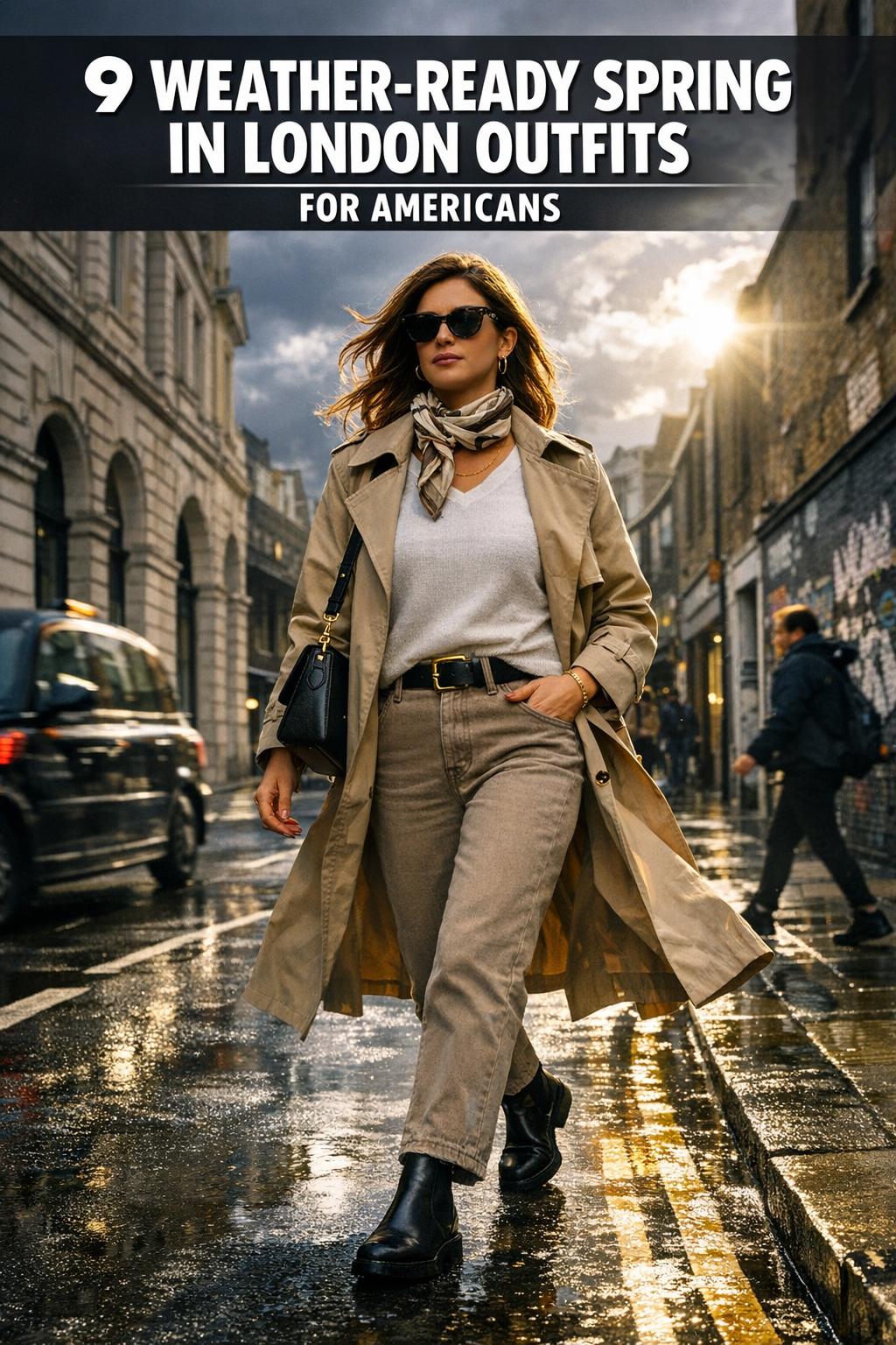 Spring in London outfits on a stylish woman walking past cherry blossoms and classic city architecture