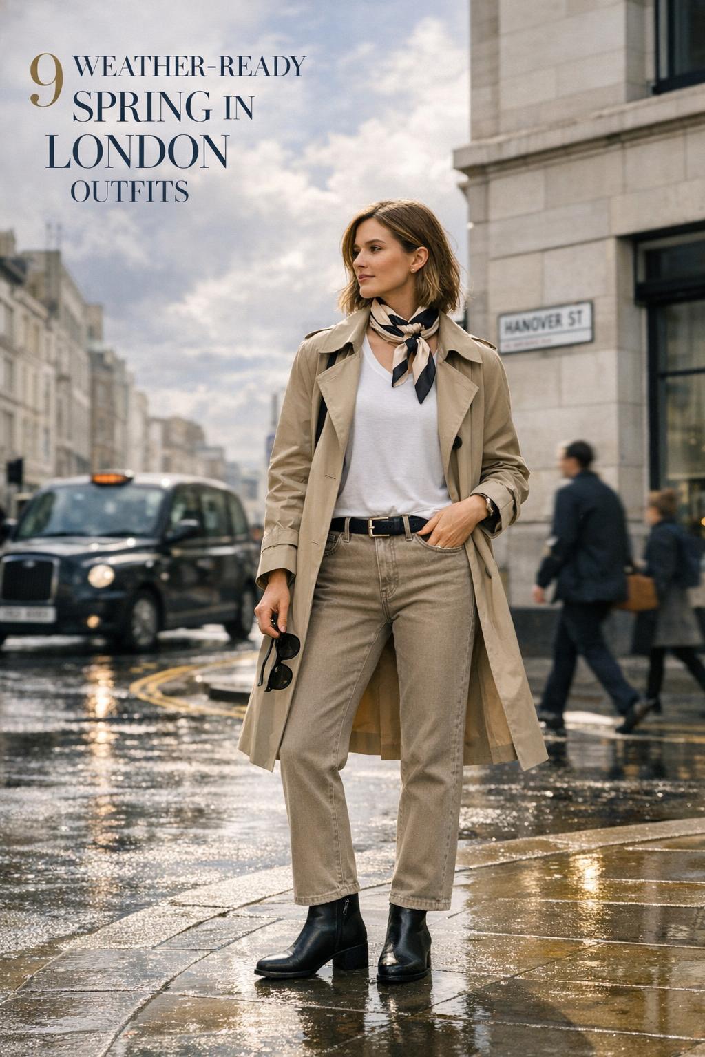 Spring in London outfits editorial photo of a stylish woman in trench coat on a wet London street with soft sun and text overlay