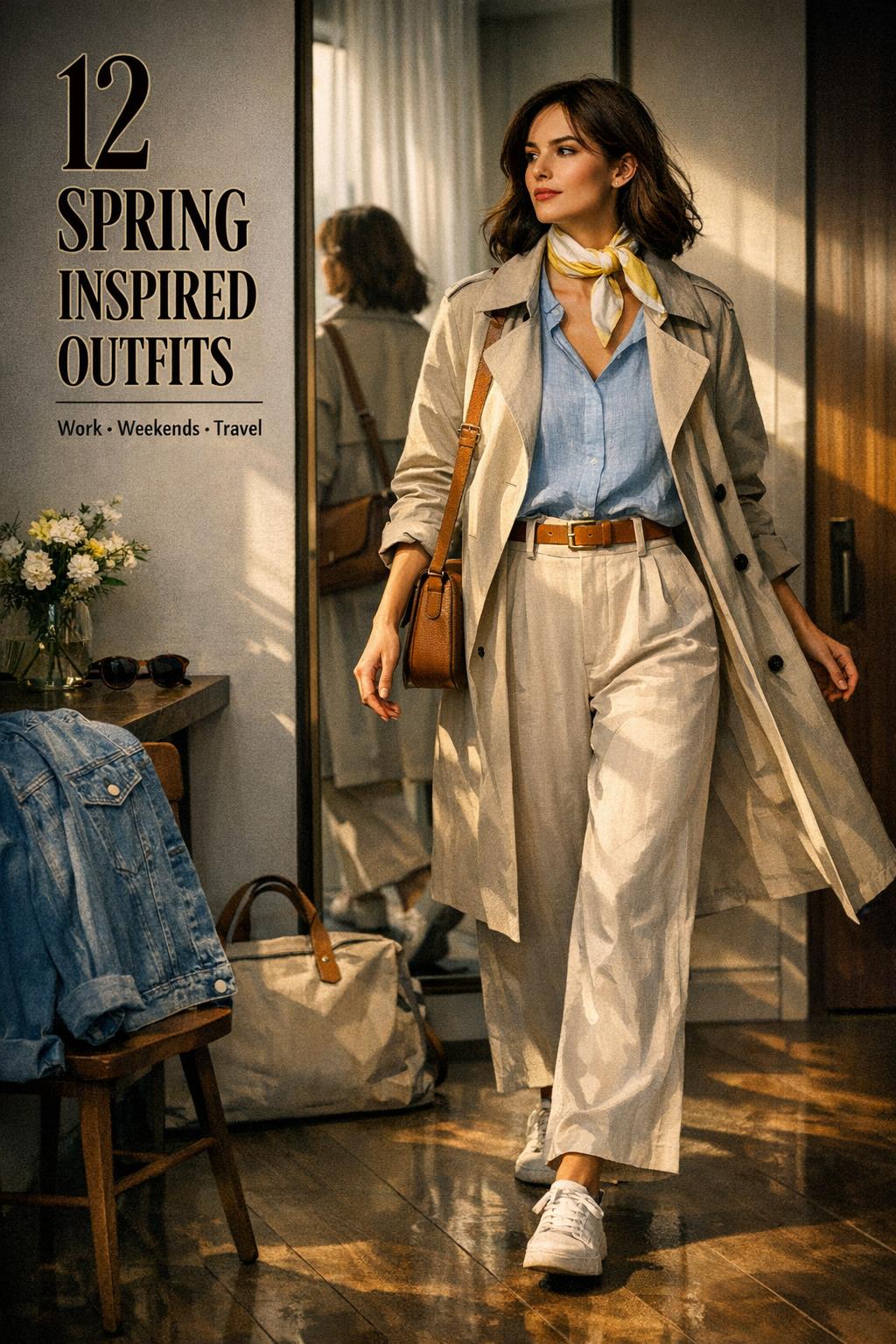 Spring inspired outfits editorial photo of woman in beige trench and wide-leg trousers in a modern entryway with bold text overlay.
