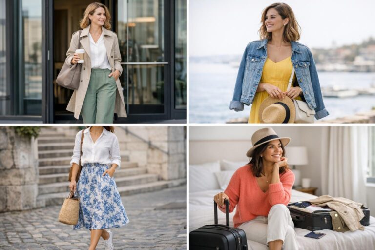Spring inspired outfits flat lay with pastel tops, wide-leg pants, midi dress, trench layer, and neutral accessories