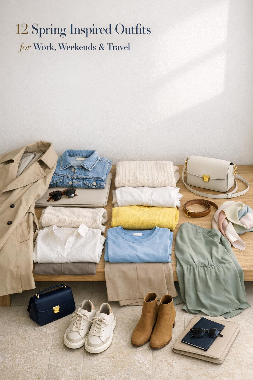 Spring inspired outfits flat lay in bright entryway with trench coat, denim jacket, pastels, neutral shoes and accessories