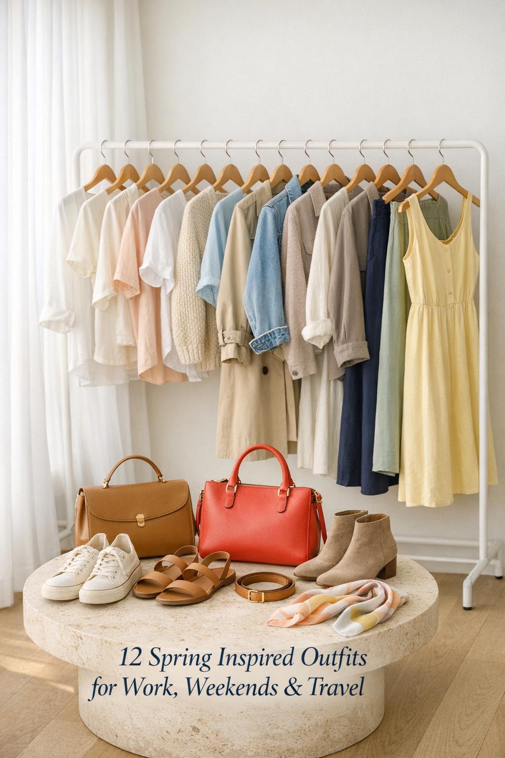Spring inspired outfits capsule wardrobe on a neutral clothing rack in a bright apartment with shoes and accessories in soft morning light
