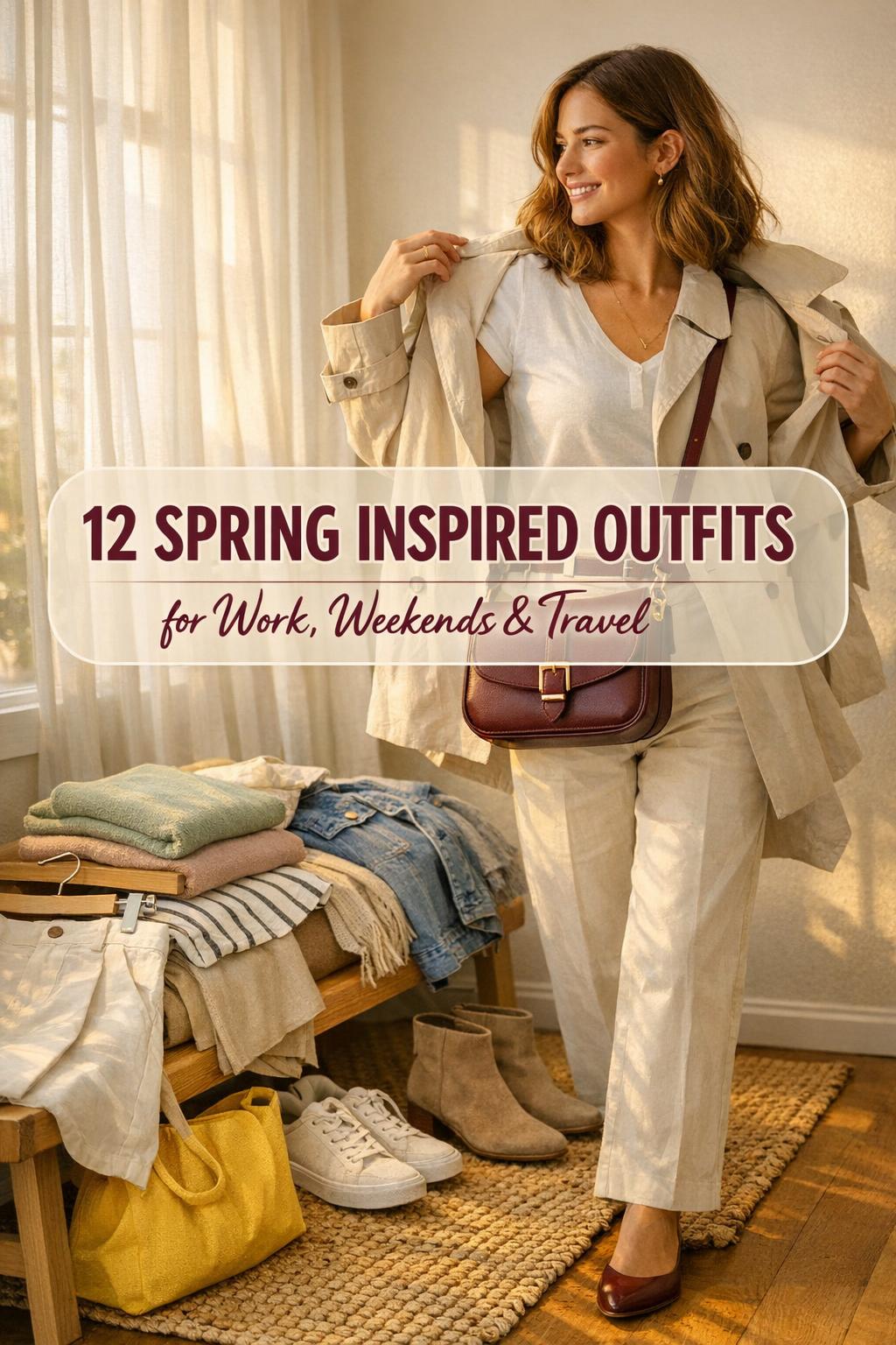 Spring inspired outfits laid out in a warm modern entryway as a woman puts on a trench coat in golden-hour light