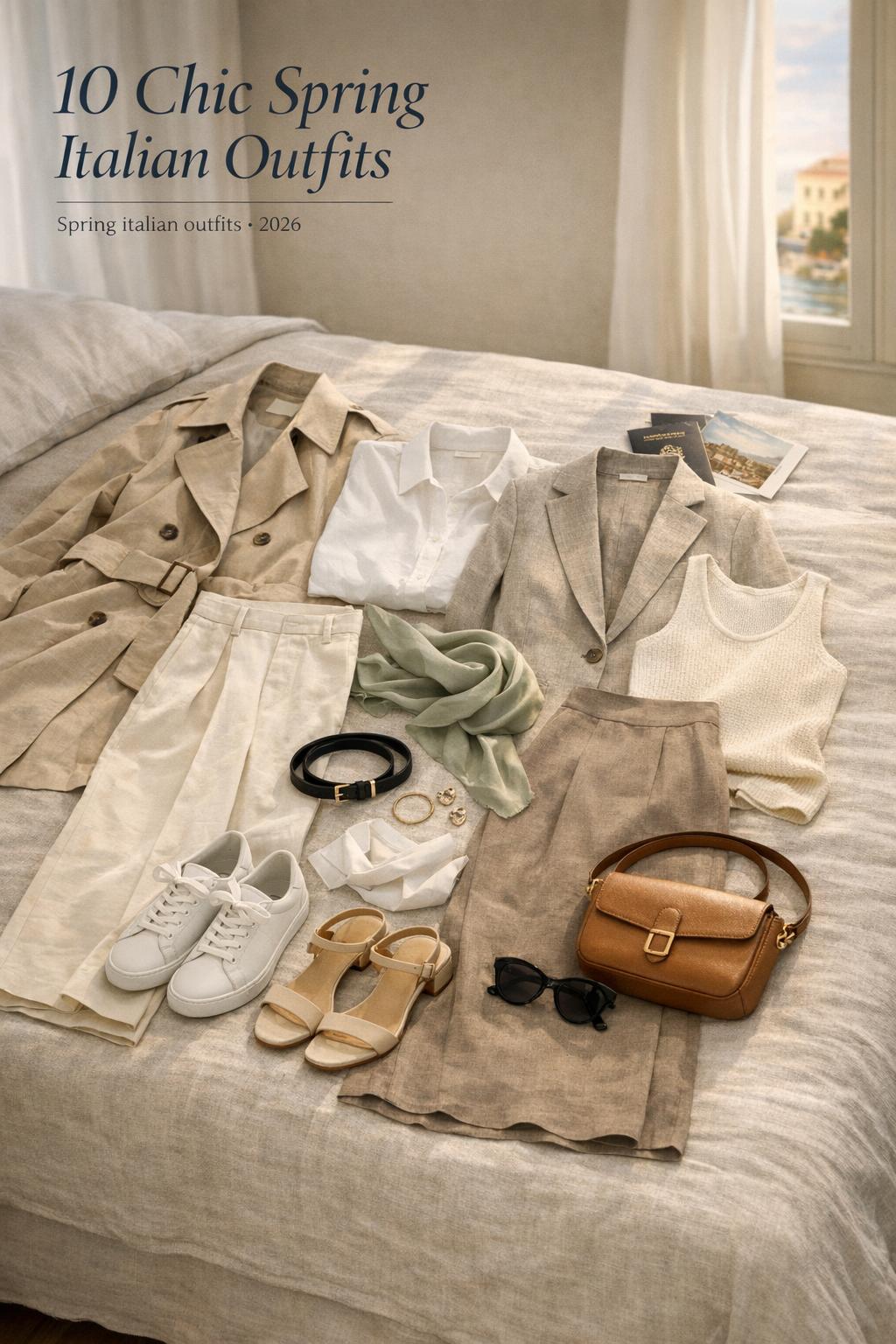 Spring italian outfits capsule laid on linen bed in chic hotel room with trench, blazer, trousers, scarf, bag, shoes