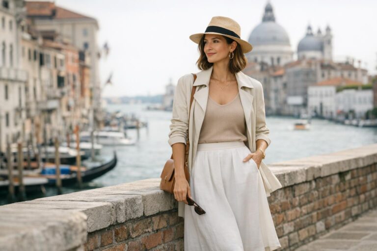 Spring Italian outfits for US travelers featuring a trench coat, midi skirt, wide-leg pants, and walking shoes on a city street