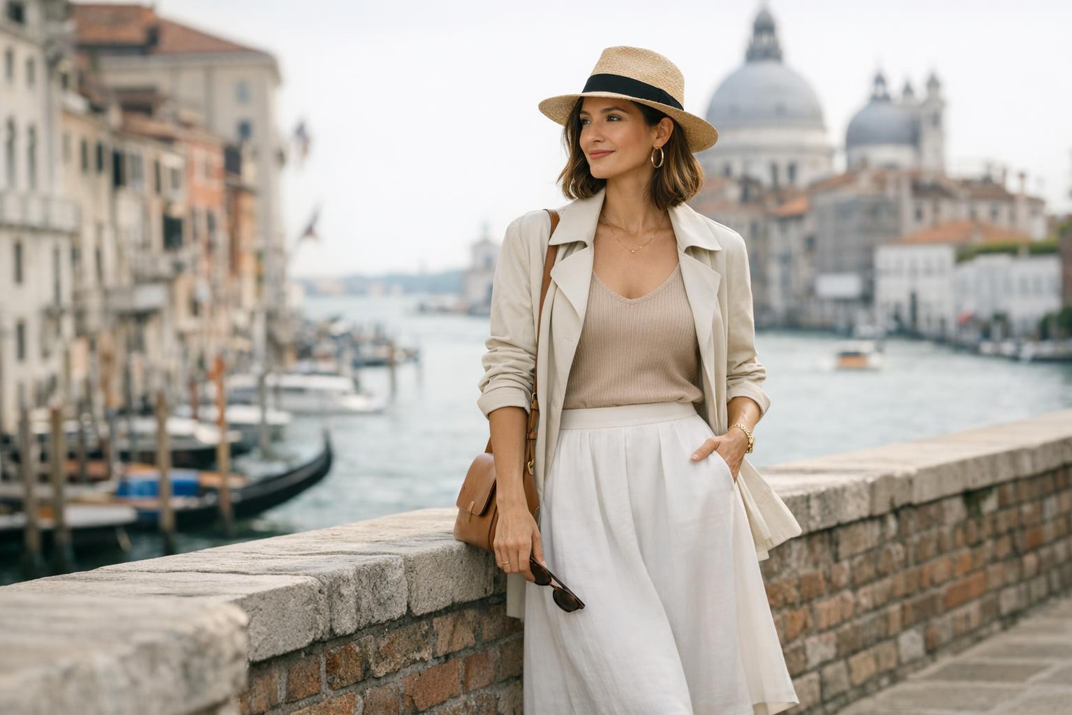 Spring Italian outfits for US travelers featuring a trench coat, midi skirt, wide-leg pants, and walking shoes on a city street