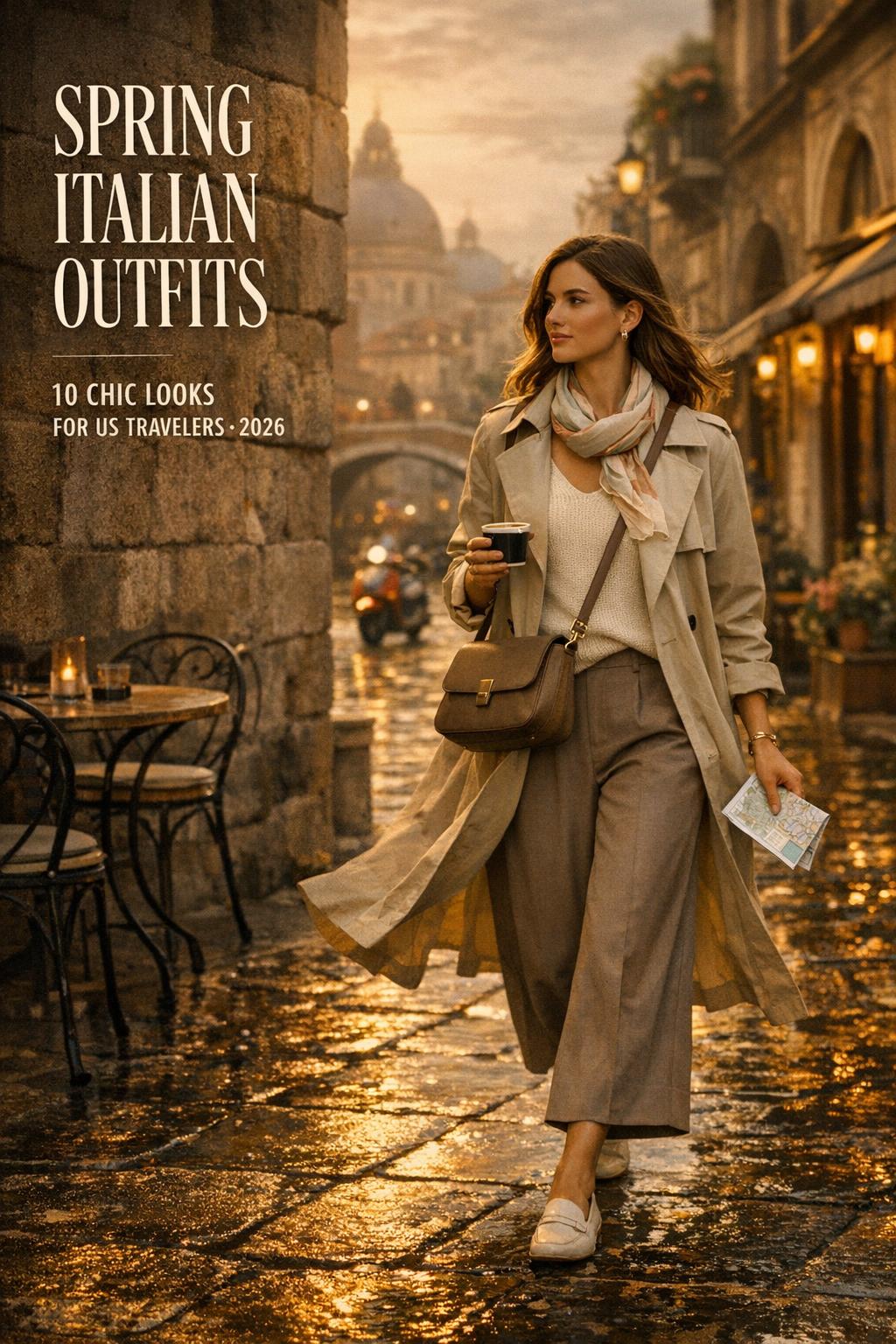 Spring Italian outfits on a stylish US female traveler in a moody golden-hour Italian street with trench, scarf, and wet cobblestones