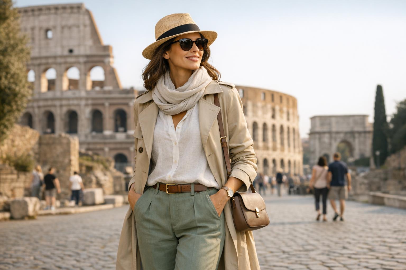 Spring Italy outfits capsule with trench coat, linen trousers, loafers, and scarf for chic city travel photos