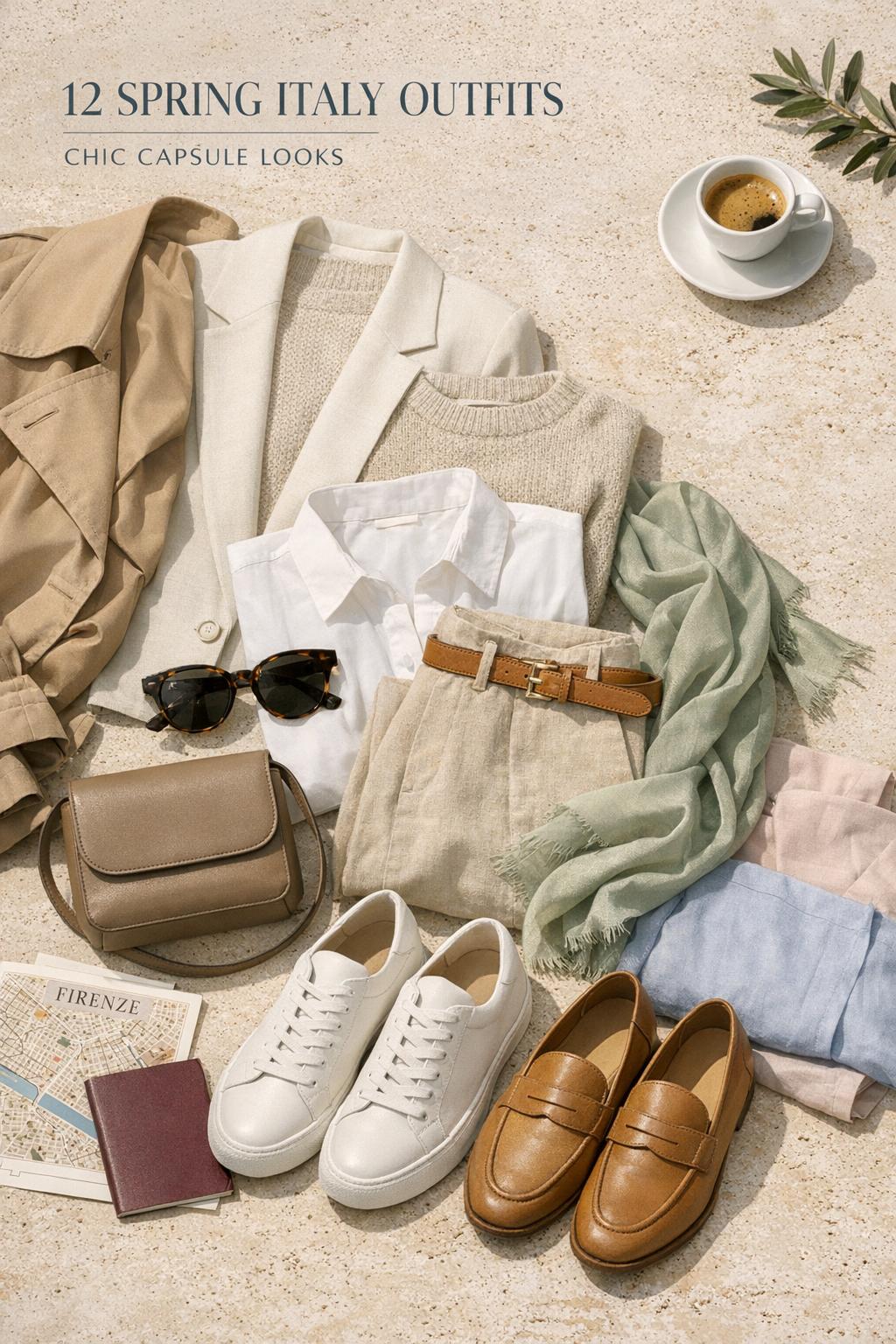 Spring Italy outfits flat lay with neutral capsule wardrobe, trench, blazer, scarf, shoes, map, and espresso on travertine