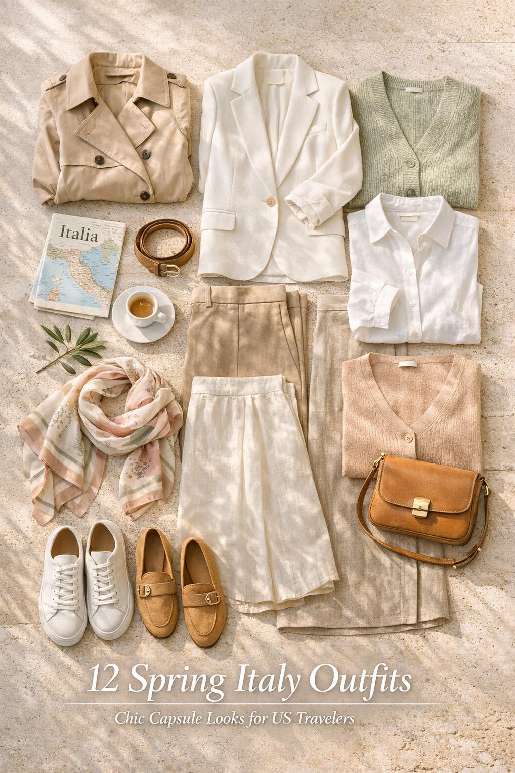 Spring Italy outfits flat lay capsule wardrobe on sunlit travertine with trench, blazer, map, espresso, and accessories