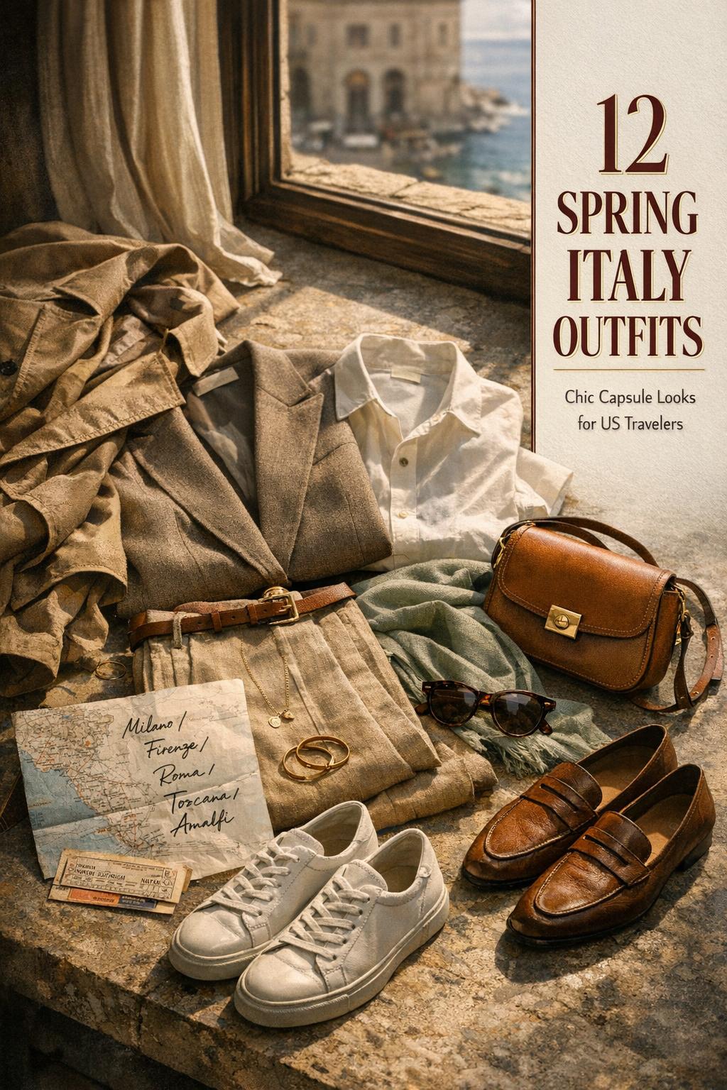 Spring Italy outfits flat lay with trench coat, blazer, linen pants, accessories, and Milano Firenze Roma map in moody window light