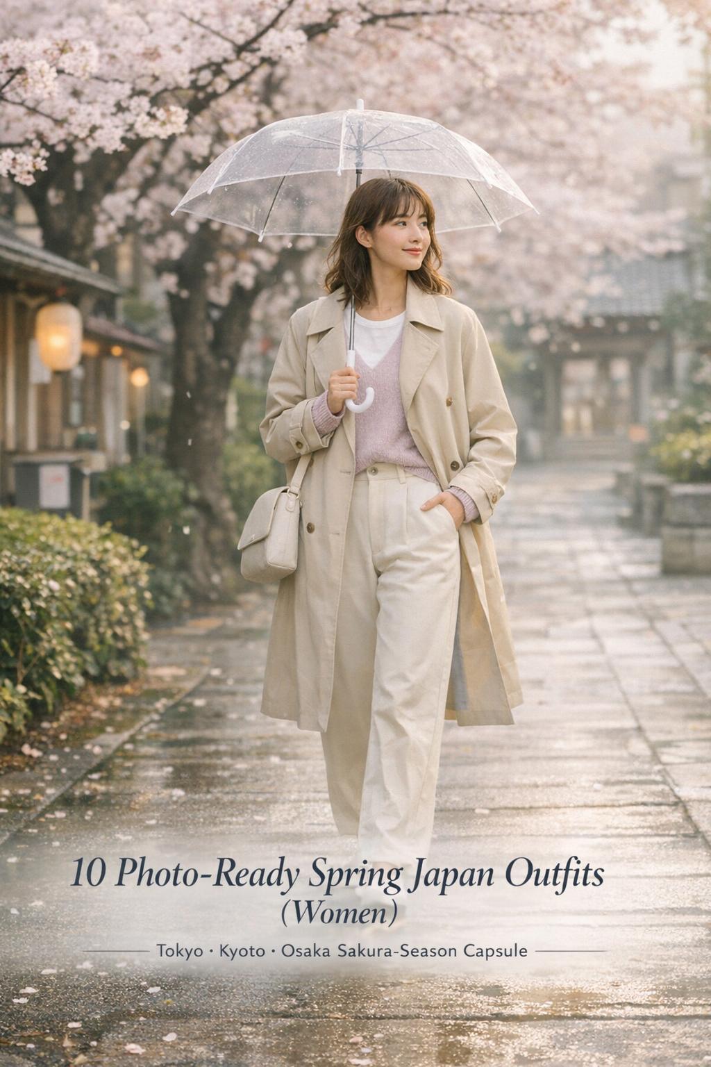 Spring Japan outfits women: stylish traveler in beige trench walking under cherry blossoms on a Tokyo-Kyoto city path